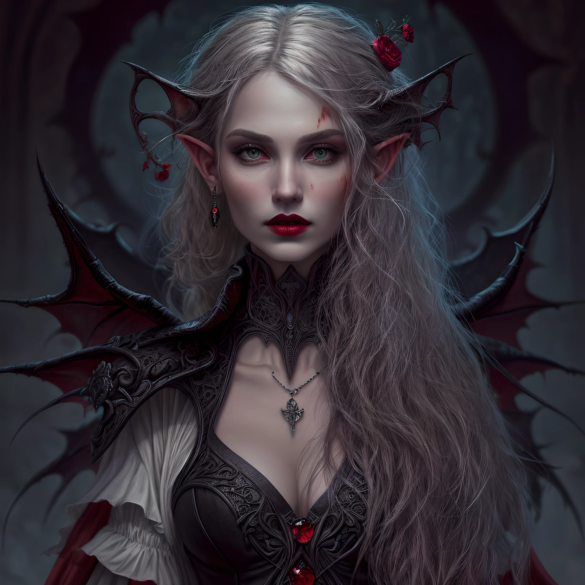 arafed, dark fantasy art, gothic art, (masterpiece:1.5), full body best details, highly detailed, best quality, highres, full body portrait of a vampire, elf (1.6, Masterpiece, best quality), ultra feminine (1.4 intricate details, Masterpiece, best quality) with a long curvy hair, dark color hair, red eyes (1.3 fantasy art, Masterpiece, best quality), ((beautiful delicate face)), Ultra Detailed Face (1.4 intricate details, fantasy art, Masterpiece, best quality), [visible sharp vampiric fangs] (1.6 intricate details, fantasy art, Masterpiece, best quality), [anatomically correct] red cloak, flowing cloak (1.4 intricate details, fantasy art, Masterpiece, best quality), wearing an intricate leather [white] dress (1.4 intricate details, gothic art, Masterpiece, best quality), high heeled boots, blood dripping on lips, urban background (intense details, beat details), fantasy, at night light, natural ,moon light, soft moon light, moon rays, clouds, gothic atmosphere, gothic street background, bats flying in background, soft light, dynamic light, [[anatomically correct]], high details, best quality, 8k, [ultra detailed], masterpiece, best quality, (extremely detailed), dynamic angle, ultra wide shot, RAW, photorealistic