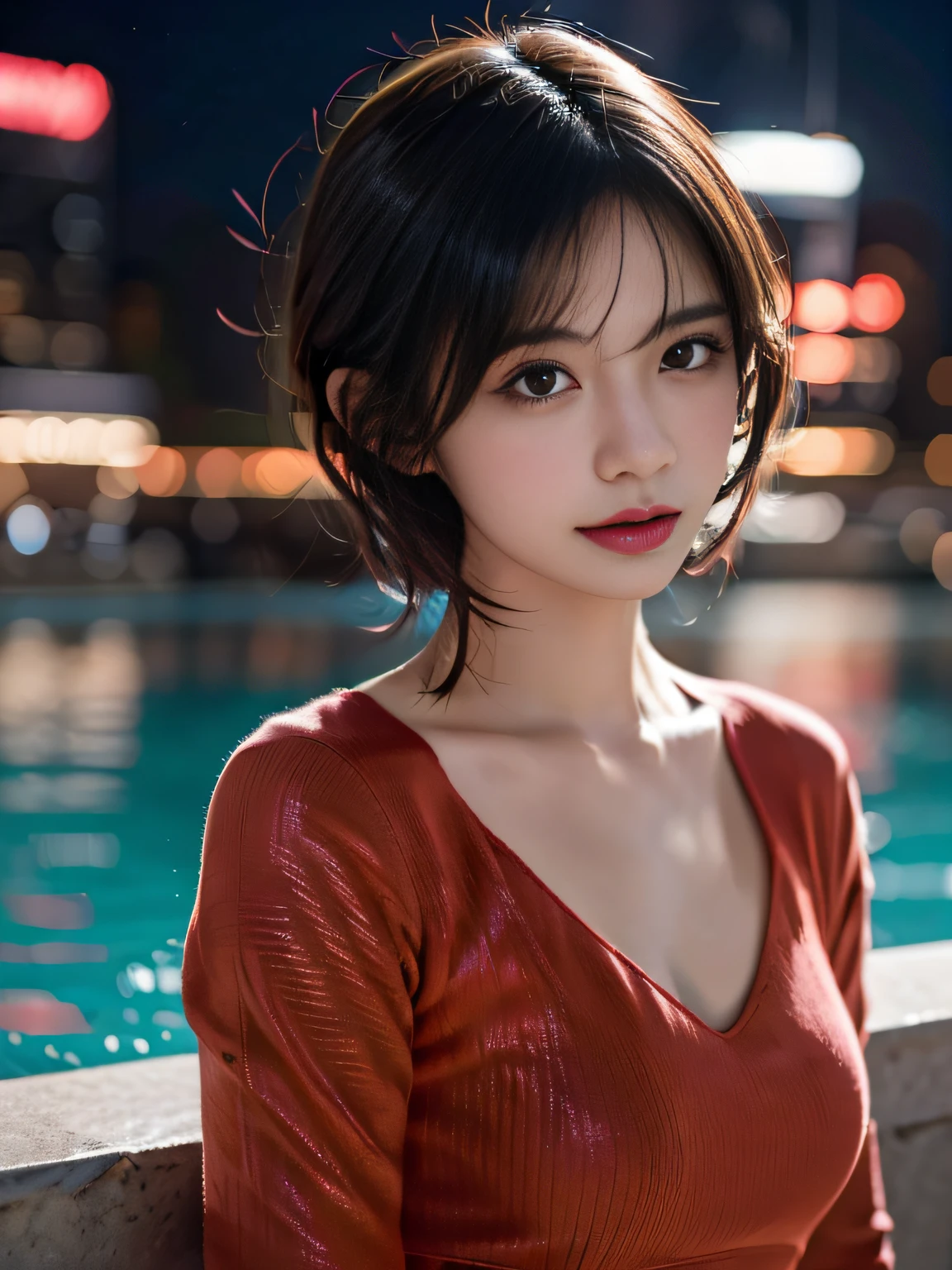 nightlife worker portrait, Located in the entertainment district、top-quality、hyper HD、奈良美智, Japanese Models, Beautiful Asian Girl, With short hair, 27-year-old female model, 4 k ], 4K], 2 7 years old, sakimichan, sakimichan