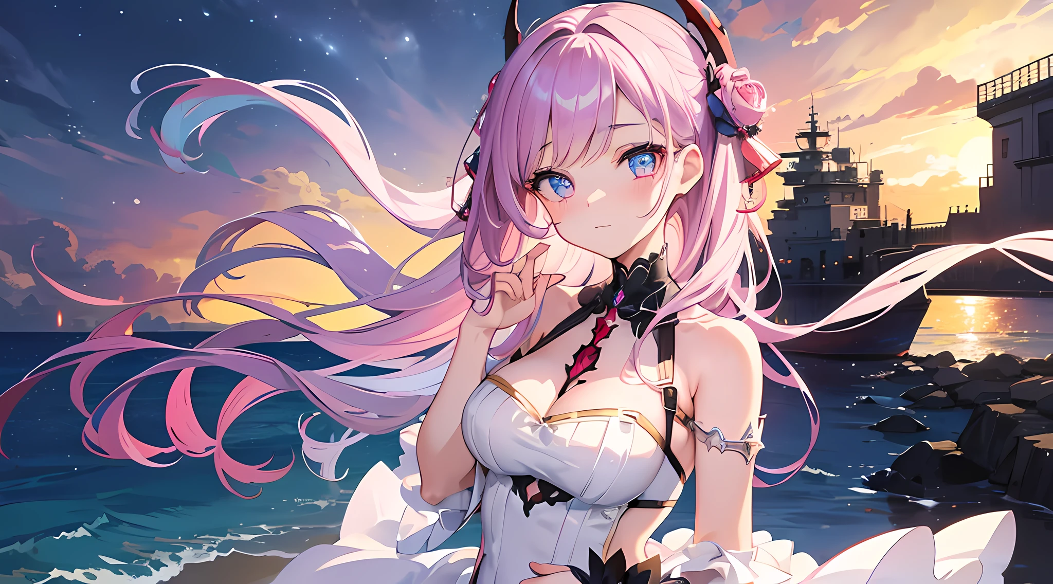 Anime girl with pink hair and a white dress standing on a beach - SeaArt AI