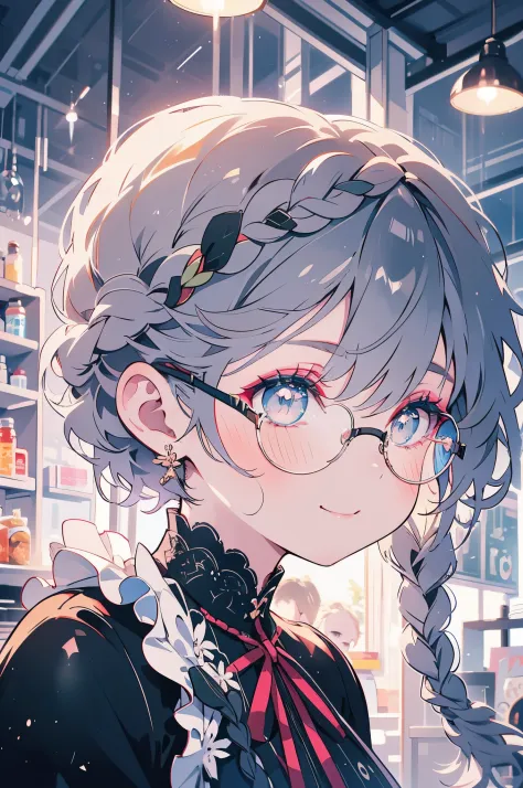 Fighting Maid,black-rimmed round glasses,braided braid hair,Delicate Makeup,delicate and long eyelashes,a smile