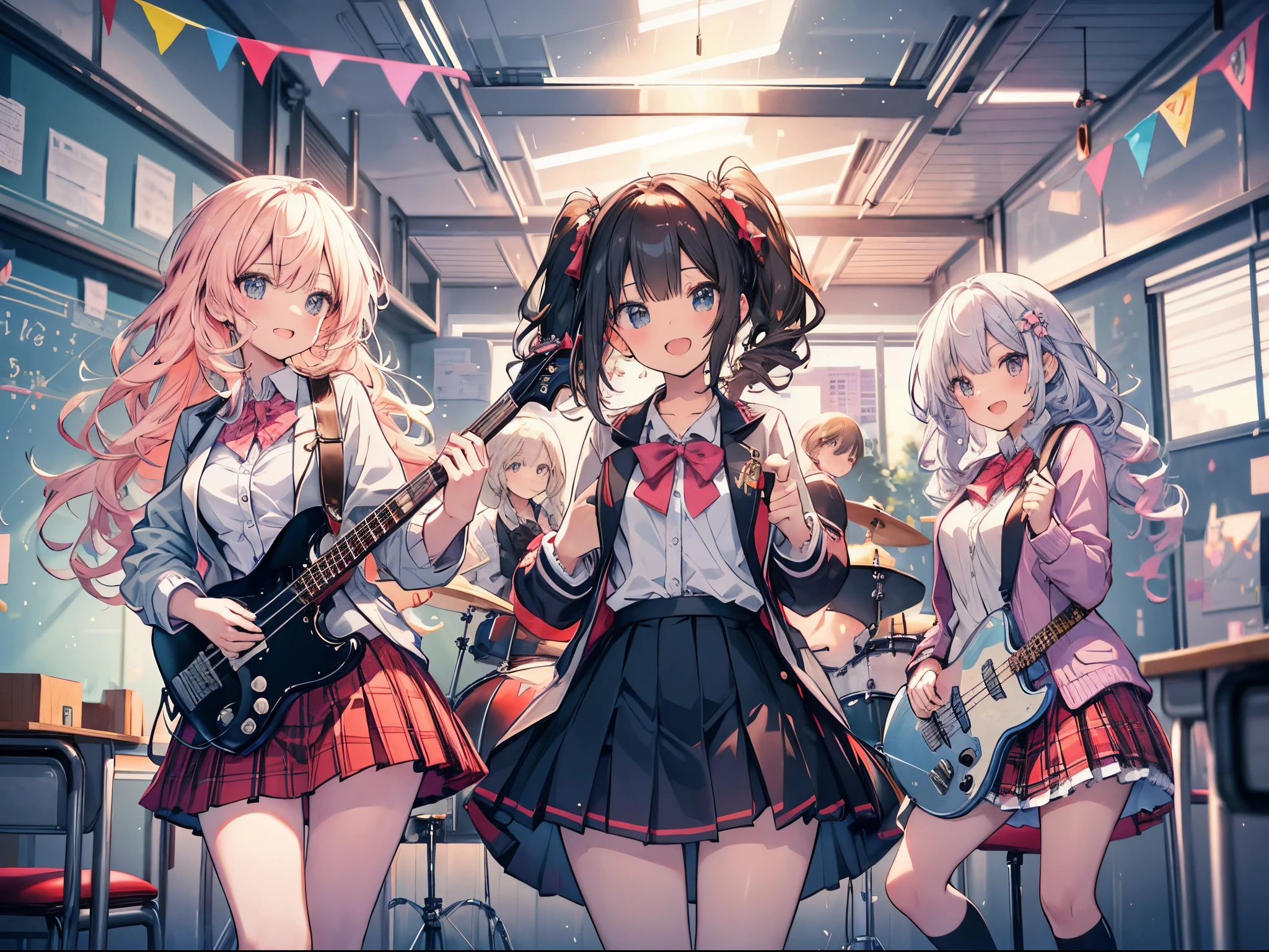 Anime girls in school uniforms with guitars and a guitar - SeaArt AI