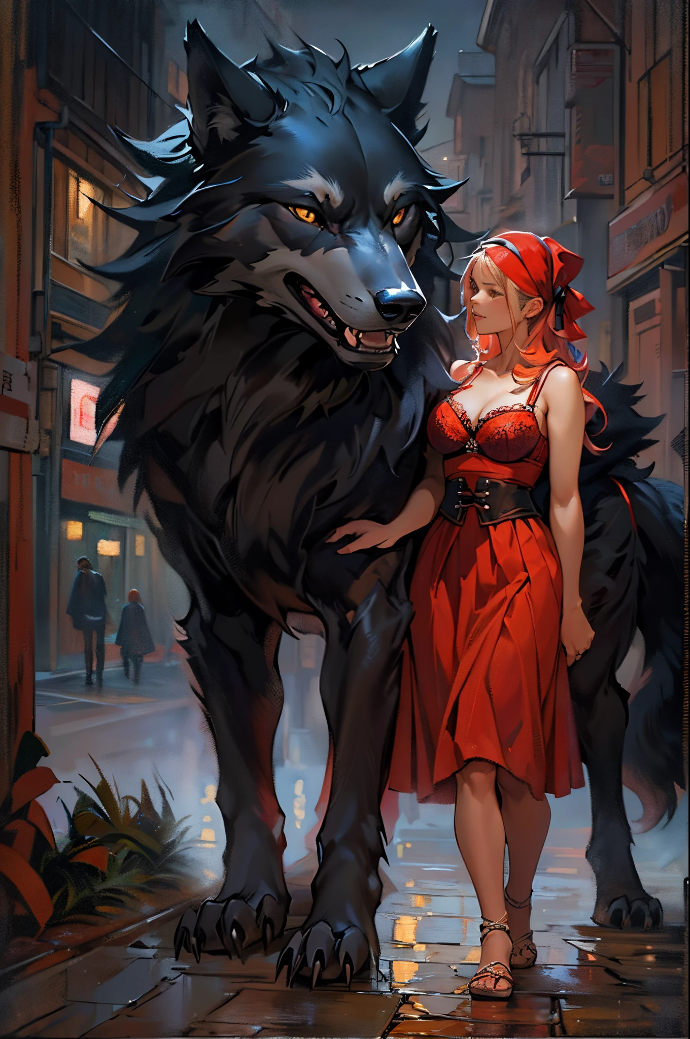 A woman in a red dress standing next to a large black wolf - SeaArt AI