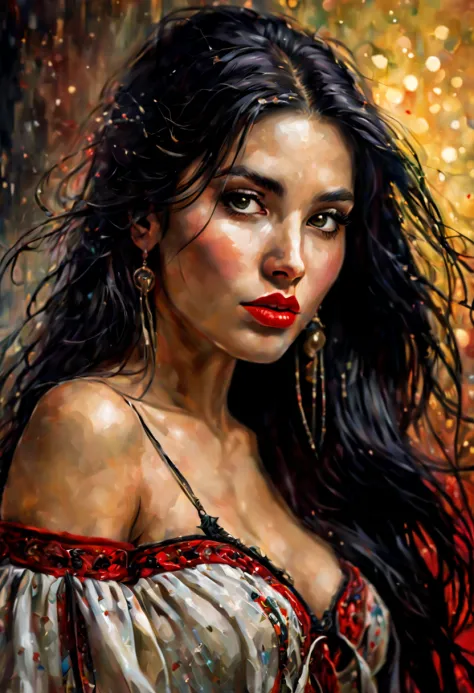 young Bolivian woman with long black hair, image rich in details,
clear, oil paint, red lipstick, dramatic lighting, extremely r...