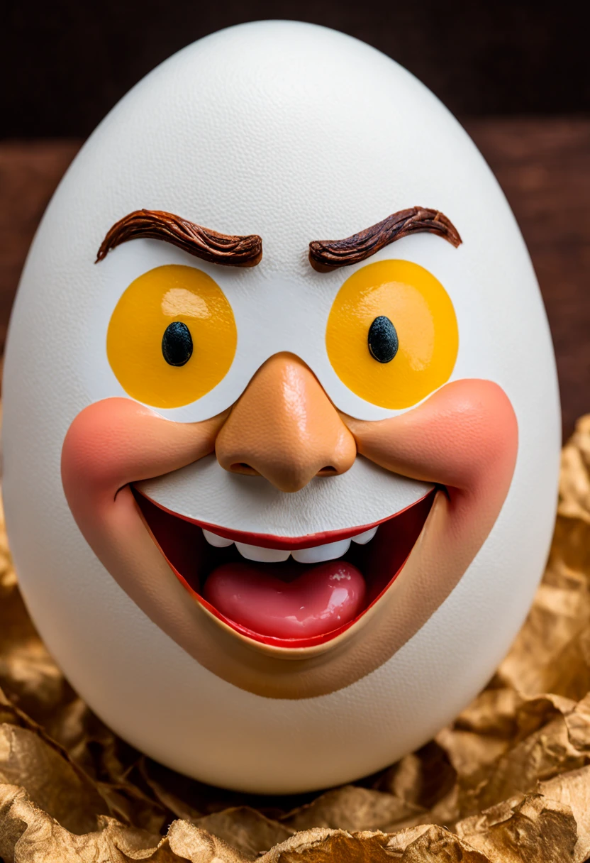 Close-up of a white egg，There is a fun face painted on it, Nicolas Cage&#39;s face on an egg, The head is an egg, an egg, Humpty Dumpty in the shape of an egg, he has a big egg, fun expressions, Inspired by Heinz Fury, funness Face, very fun face, Gary Oldman plays Pear