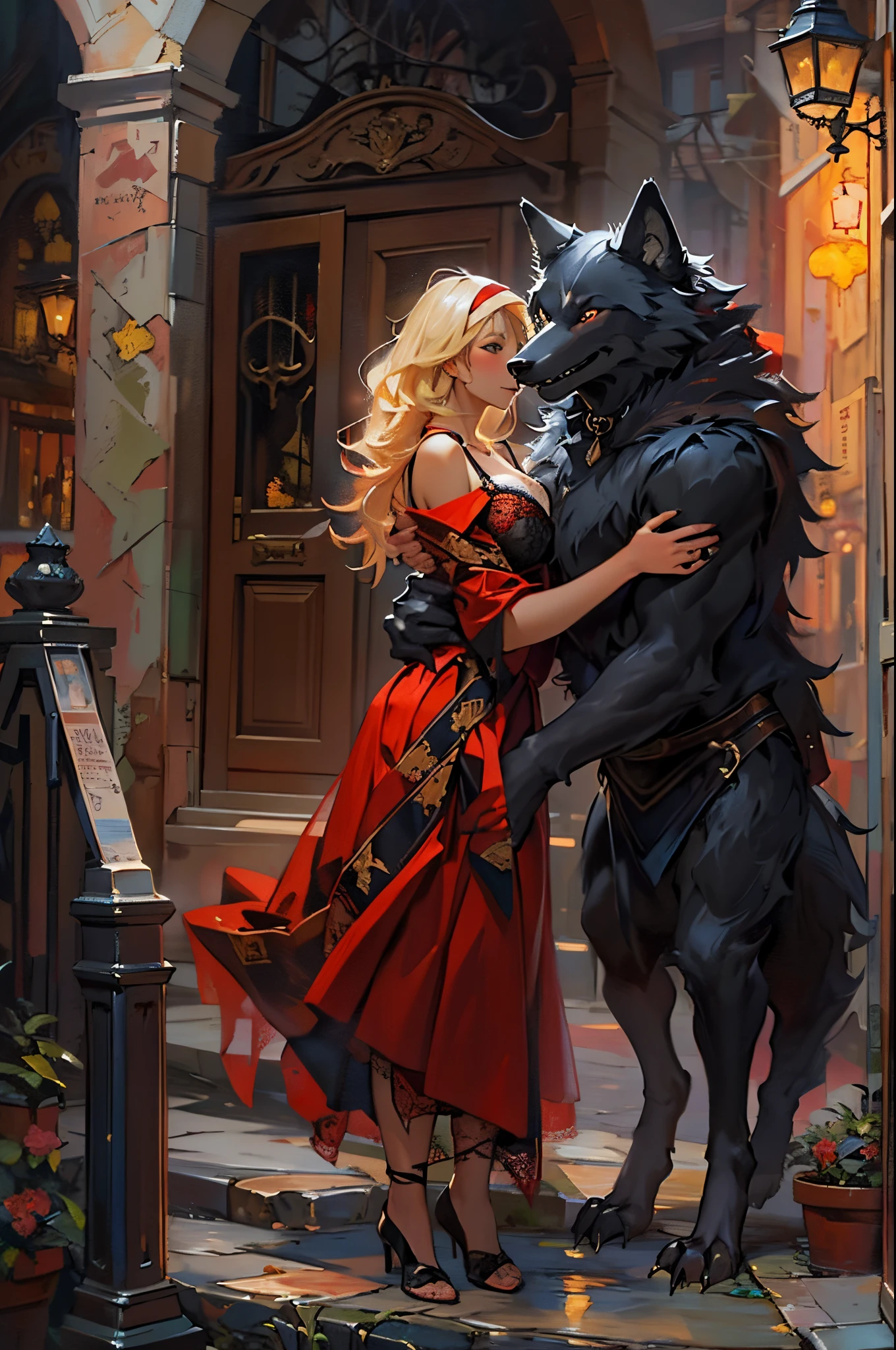 Arafed woman in a red dress hugging a black wolf - SeaArt AI