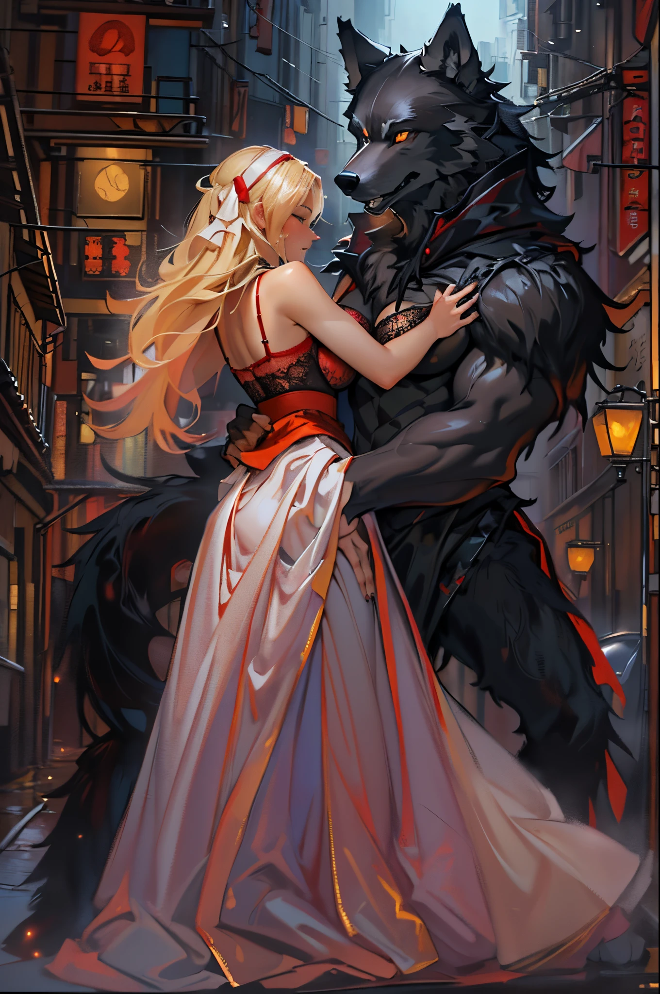 A woman in a dress hugging a large black wolf - SeaArt AI