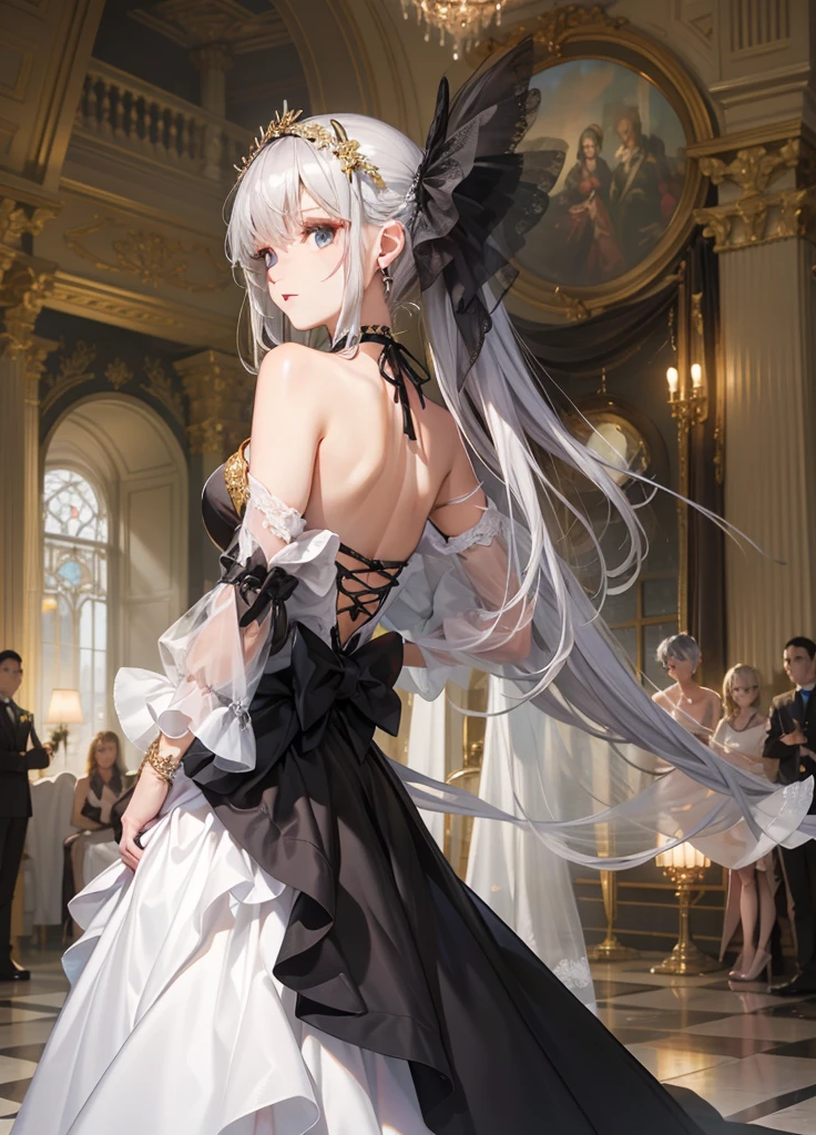 1skinny-delicate cold stinking eyes, sideways glance,ultra detailed,best quality,masterpiece, 18yars old,(small bresats),delicate black slender wedding dress&Lace Gothic Choker&6wings-head wear&see through gloves,see-throug,long silver pony tail,wavy slanted frils from slit,delicate gold-jewerly ornaments, light&dark,bangs down,luxuary dance ball,luxuary dance ball