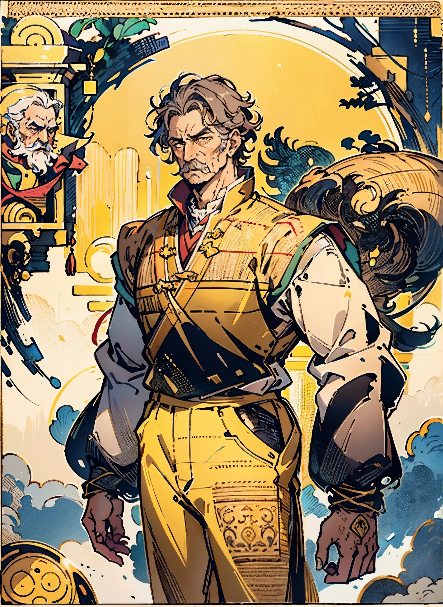 An elderly man, disheveled short hair in a brown-gray hue, approximately 60 years old, a bewildered gaze, quirky expression, wide-open mouth, a small mustache on his chin, a simple brown-yellow traditional Chinese clothing, coarse fabric trousers, the background consists of various artistic-style color blocks interwoven together, this character embodies a finely crafted whimsical fantasy-style in anime style, exquisite and mature manga art style, high definition, best quality, highres, ultra-detailed, ultra-fine painting, extremely delicate, professional, anatomically correct, symmetrical face, extremely detailed eyes and face, high quality eyes, creativity, RAW photo, UHD, 8k, Natural light, cinematic lighting, masterpiece-anatomy-perfect, masterpiece:1.5