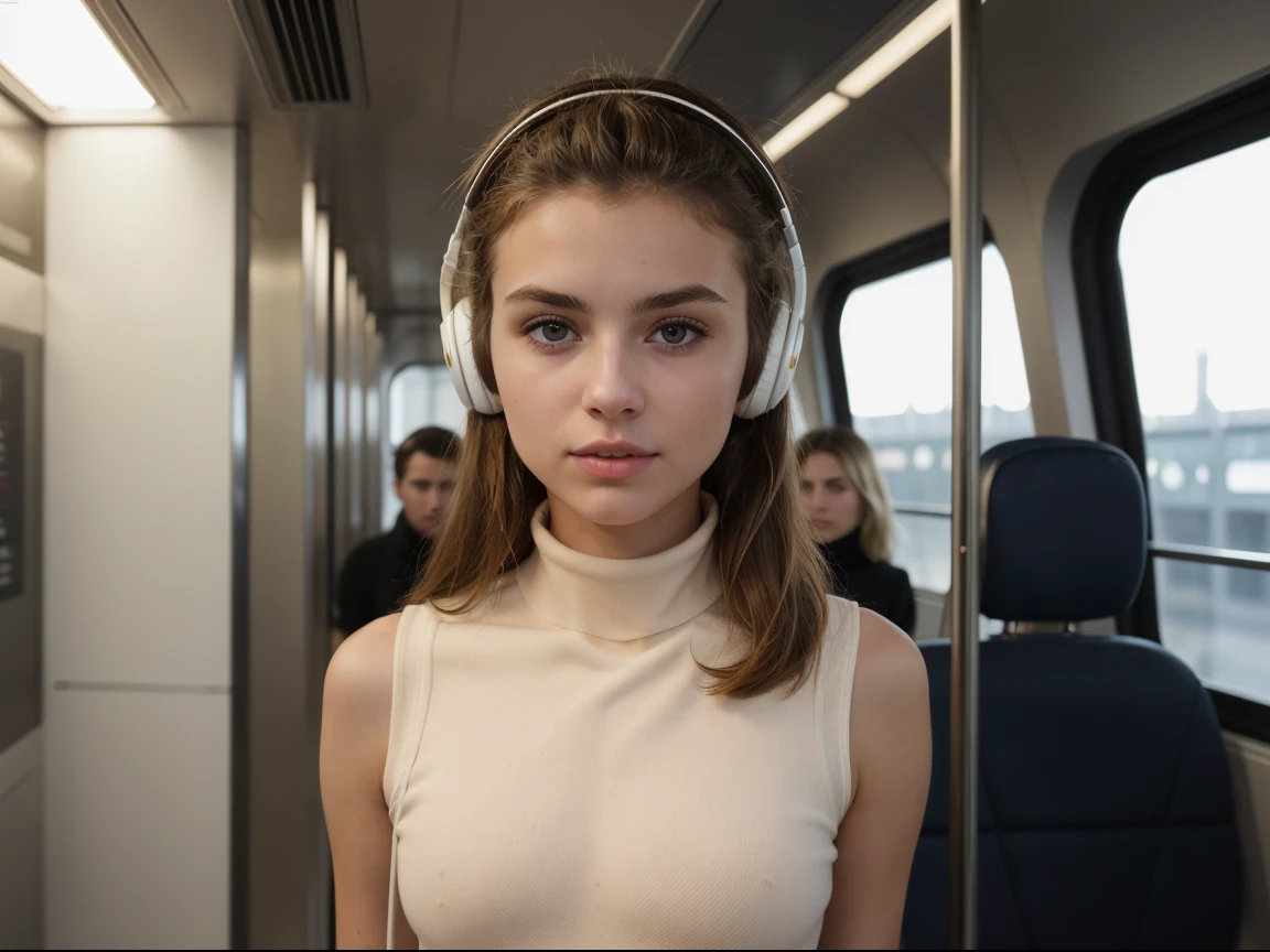 (masterpiece), (one girl 22 year old) (((Caucasian))) french girl with shoulder length messy hair, she is . She is wearing a ((tight polo neck)) and shorts, she is standing in a busy modern urban train ((wearing headphones)) in rapture, taken with, Canon 85mm lens, extreme quality, heavily retouched, heavy makeup, very high quality