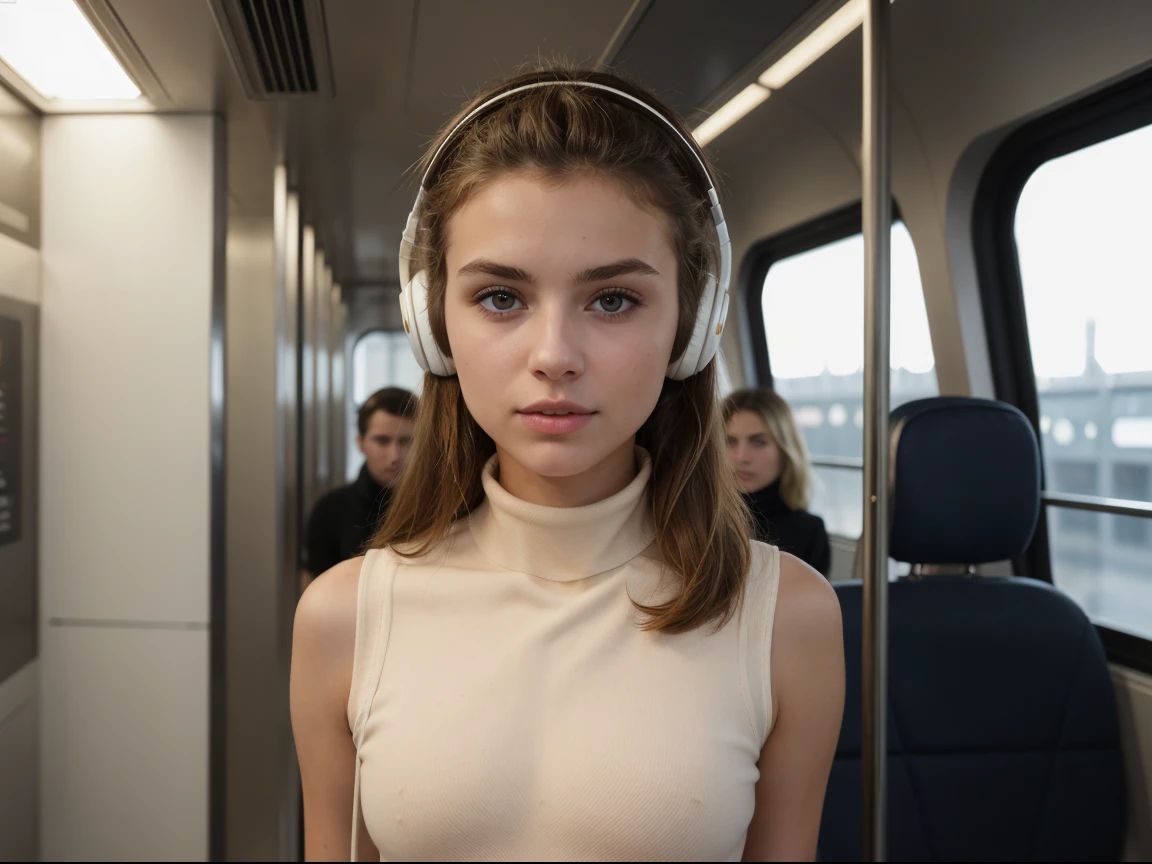 (masterpiece), (one girl 22 year old) (((Caucasian))) french girl with shoulder length messy hair, she is petite. She is wearing a ((tight polo neck)) and shorts, she is standing in a busy modern urban train ((wearing headphones)) in rapture, taken with, Canon 85mm lens, extreme quality, heavily retouched, heavy makeup, very high quality