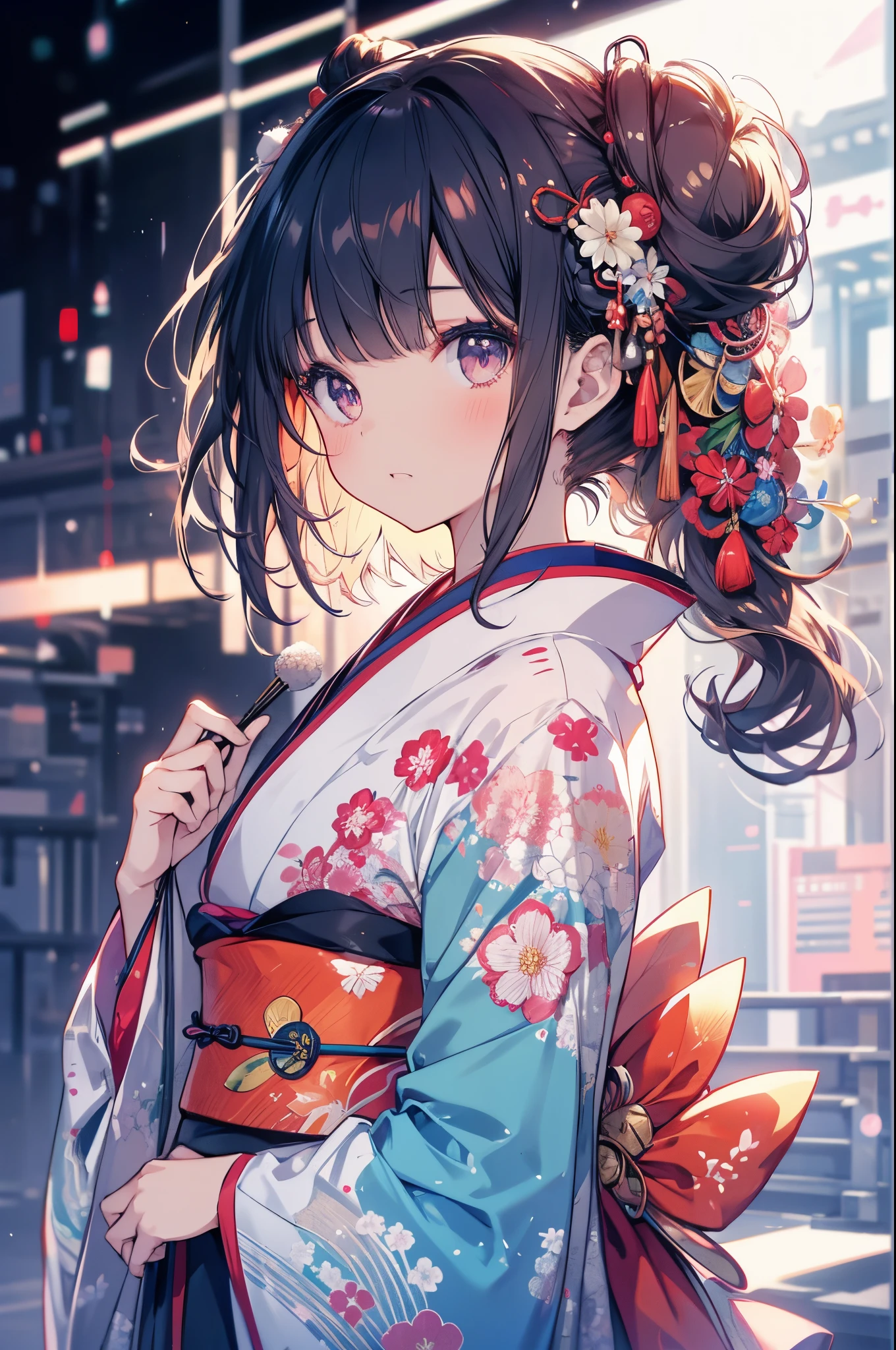 1 girl in, jpn, kimono, Have a fan, Bun, Beautiful fece, delicate, kawaii, A dark-haired, Slender eyes, ((head to waist)), Masterpiece, top-quality, An ultra-high picture quality