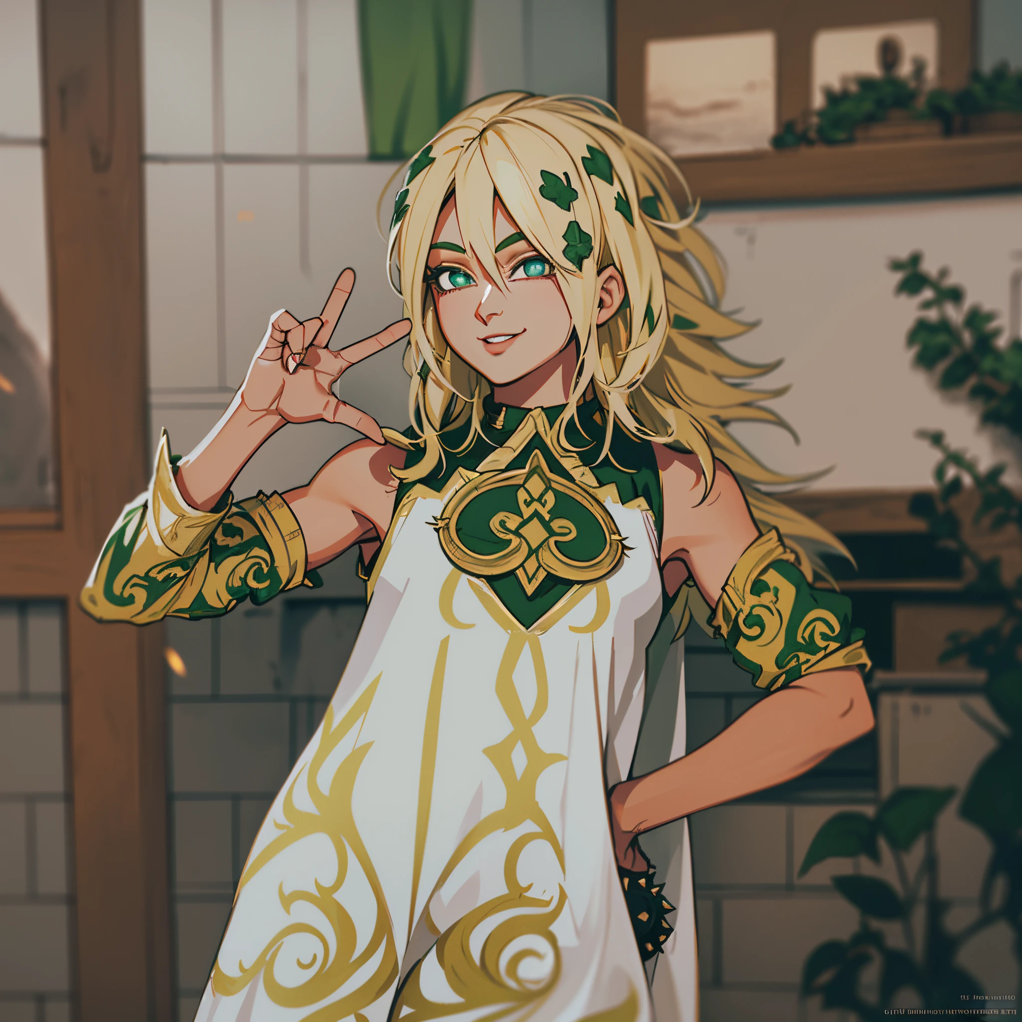 arafed woman in a white dress with green and gold accents,HD, (Masterpiece), (Photo:1.3),High Quality, High Resolution, Smile, Perfect Lighting, Masterpiece, beautiful, ((SuperSaiyan)), cowboy shot, ((blonde hair)), super saiyan, (spiked hair),detailed face, detailed eyes,