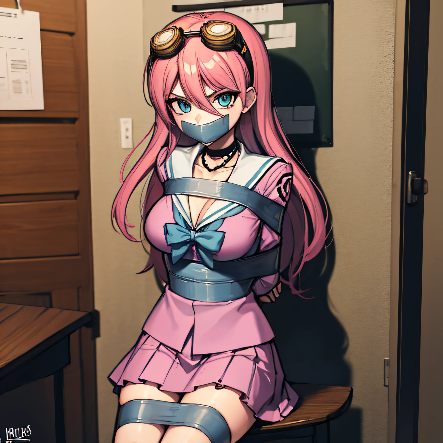 (absurdres, 8k, 4k, masterpiece, hyper extreme detailed:1.2), solo, front view portrait, best quality, portrait, solo, adult, cowboyshot, perfect anatomy, 1girl, perfect face, expressive eyes, perfect eyes, large bust, large breasts, long hair, cleavage, goggles, miuiruma, miu iruma, ahoge, pink hair, blue eyes, goggles, goggles on head, long hair, BREAK bow, choker, fingerless gloves, gloves, pink shirt, school uniform, serafuku, shirt, skirt, uniform, BREAK looking at viewer, BREAK indoors, classroom BREAK, miu iruma, ahoge, pink hair, blue eyes, goggles, goggles on head, long hair, bow, choker, fingerless gloves, gloves, pink shirt, school uniform, serafuku, shirt, skirt, uniform, , bound, bondage, (arms behind back:1.4), bdsm, tape gag, tape, tape bondage, close-up, restrained, best anatomy, half body, tape wrapped, wrap gag, tightly bound, tape wrapped around face, tape above breasts, tape below breasts, long hair