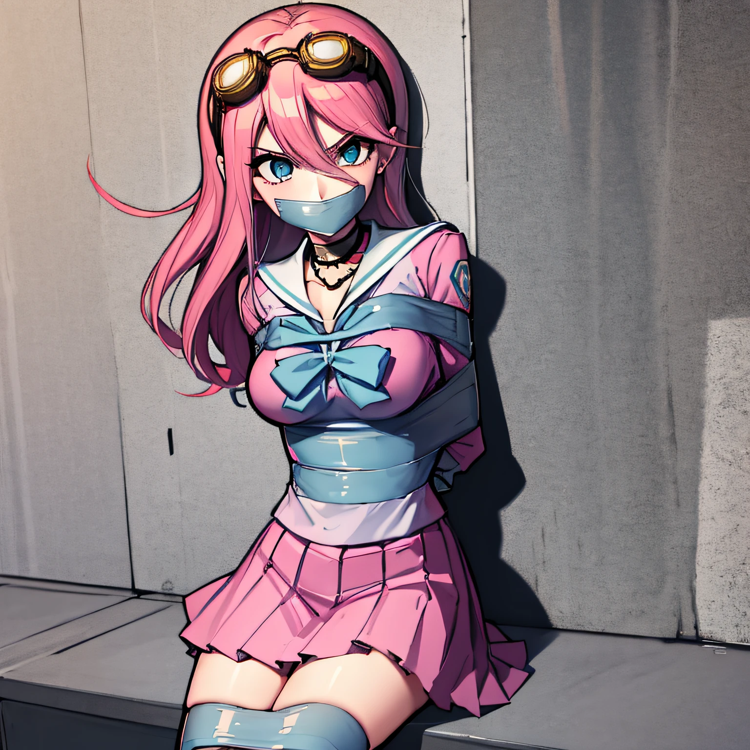 (absurdres, 8k, 4k, masterpiece, hyper extreme detailed:1.2), solo, front view portrait, best quality, portrait, solo, adult, cowboyshot, perfect anatomy, 1girl, perfect face, expressive eyes, perfect eyes, large bust, large breasts, long hair, cleavage, goggles, miuiruma, miu iruma, ahoge, pink hair, blue eyes, goggles, goggles on head, long hair, BREAK bow, choker, fingerless gloves, gloves, pink shirt, school uniform, serafuku, shirt, skirt, uniform, BREAK looking at viewer, BREAK, miu iruma, ahoge, pink hair, blue eyes, goggles, goggles on head, long hair, bow, choker, fingerless gloves, gloves, pink shirt, , serafuku, shirt, skirt, uniform, , bound, bondage, (arms behind back:1.4), bdsm, tape gag, tape, tape bondage, close-up, restrained, best anatomy, half body, tape wrapped, wrap gag, tightly bound, tape wrapped around face, tape above breasts, tape below breasts, long hair