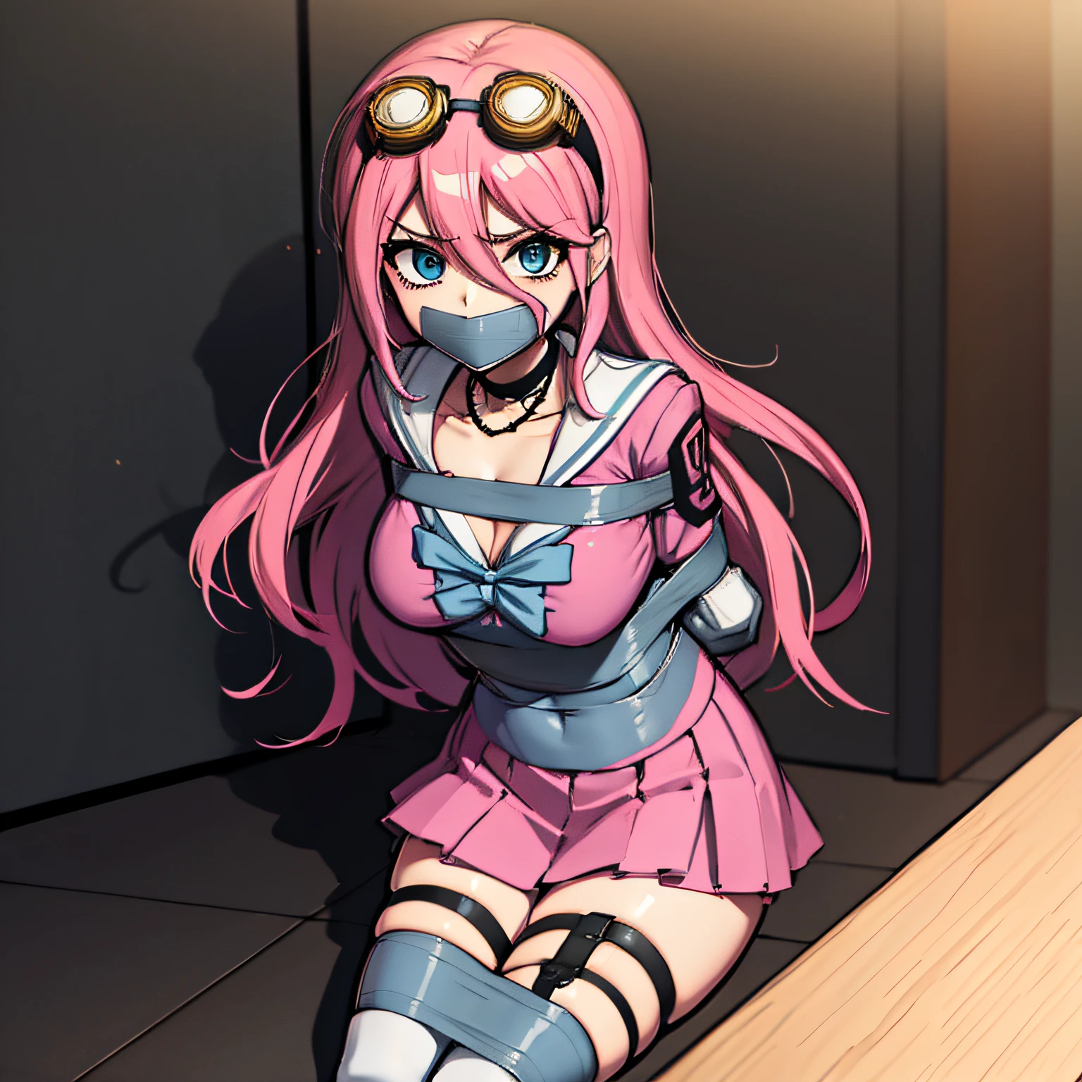 (absurdres, 8k, 4k, masterpiece, hyper extreme detailed:1.2), solo, front view portrait, best quality, portrait, solo, adult, cowboyshot, perfect anatomy, 1girl, perfect face, expressive eyes, perfect eyes, large bust, large breasts, long hair, cleavage, goggles, miuiruma, miu iruma, ahoge, pink hair, blue eyes, goggles, goggles on head, long hair, BREAK bow, choker, fingerless gloves, gloves, pink shirt, school uniform, serafuku, shirt, skirt, uniform, BREAK looking at viewer, BREAK indoors, classroom BREAK, miu iruma, ahoge, pink hair, blue eyes, goggles, goggles on head, long hair, bow, choker, fingerless gloves, gloves, pink shirt, school uniform, serafuku, shirt, skirt, uniform, , bound, bondage, (arms behind back:1.4), bdsm, tape gag, tape, tape bondage, close-up, restrained, best anatomy, half body, tape wrapped, wrap gag, tightly bound, tape wrapped around face, tape above breasts, tape below breasts, long hair