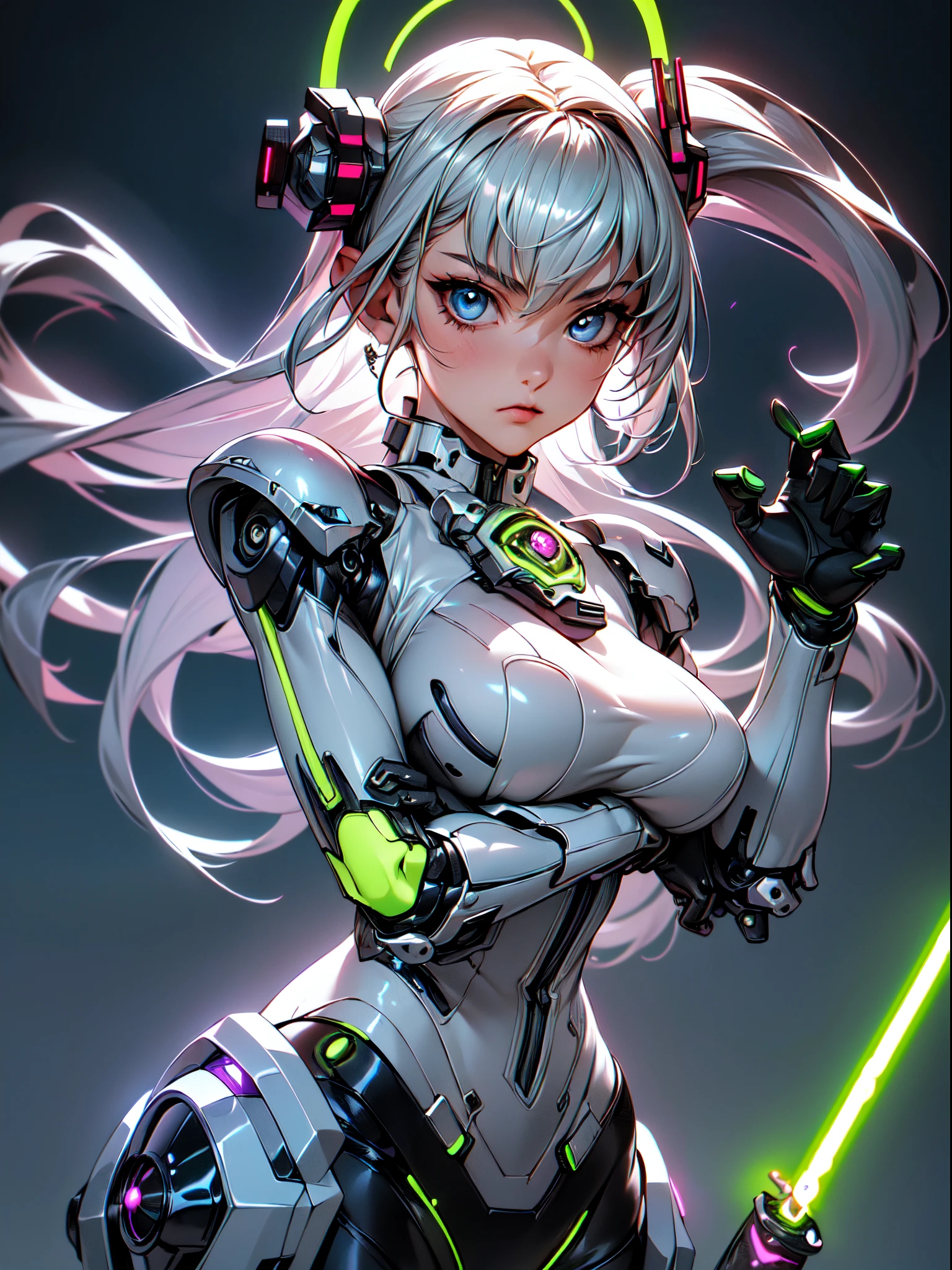 absurderes,(​masterpiece、top-quality,intricate detailes),ultra-detailliert、1beautiful woman,(Machine Girl 1.3),Purple long hair,(Mechanical body,mechanical arms :1.4),(greenr&Silver metallic body:1.3),(arma,lightsaber:1.3),Neon Light Parts,Red glowing neon lights,Blue Glowing Neon Lightechanical headgear ,Upper body,(Cyberpunk ),(Fighting stance:1.2),Hyper realistic,Perfect Anatomy