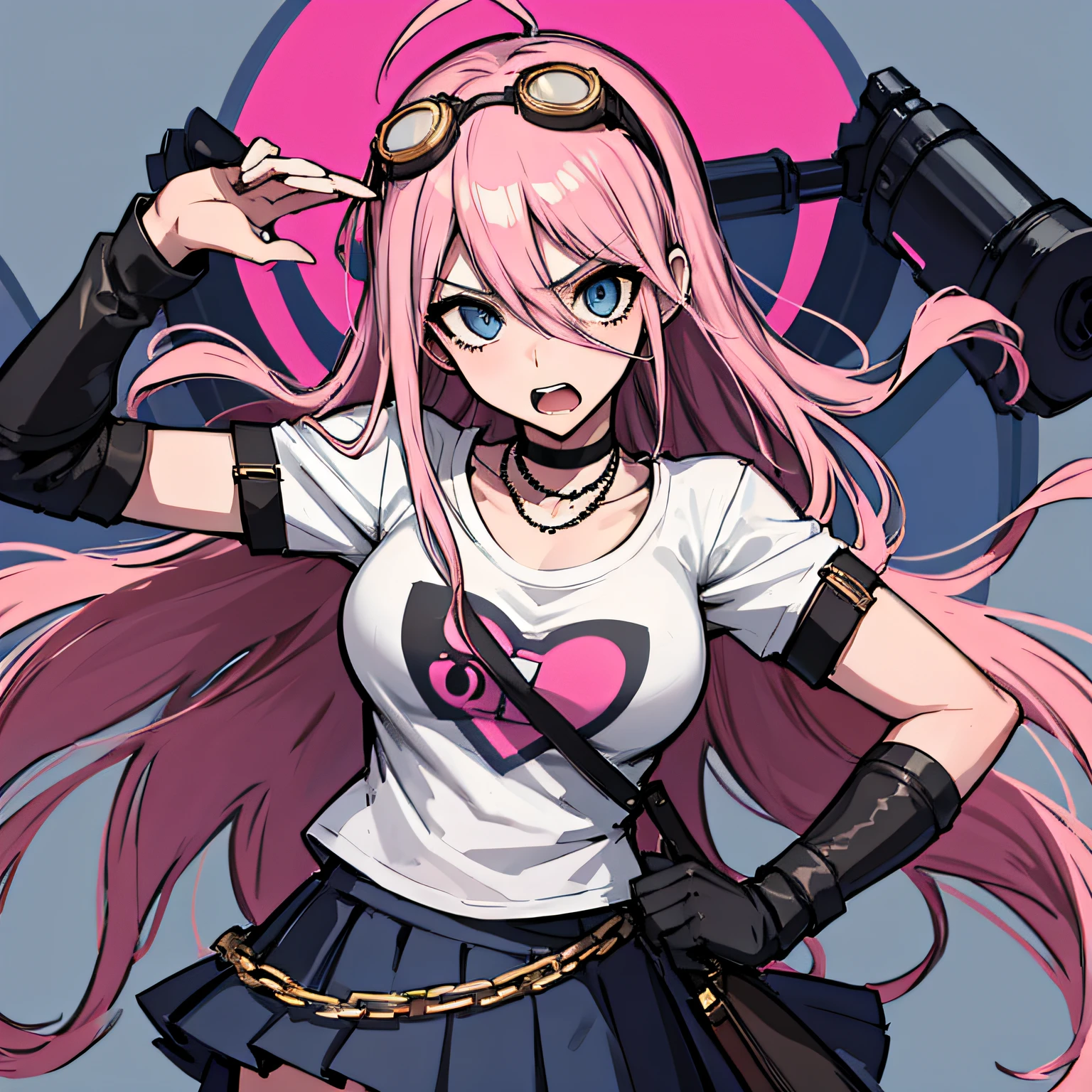 (absurdres, 8k, 4k, masterpiece, hyper extreme detailed:1.2), solo, front view portrait, best quality, portrait, solo, adult, cowboyshot, perfect anatomy, 1girl, perfect face, expressive eyes, perfect eyes, large bust, large breasts, long hair, goggles, miuiruma, miu iruma, ahoge, pink hair, blue eyes, goggles, goggles on head, long hair, BREAK, choker, graphic t-shirt, skirt, annoyed, BREAK looking at viewer, BREAK, miu iruma, ahoge, pink hair, blue eyes, goggles, goggles on eyes, long hair, choker, skirt, long hair, streetwear, graphic t-shirt, jcasualwear, t-shirt, hand on hip,