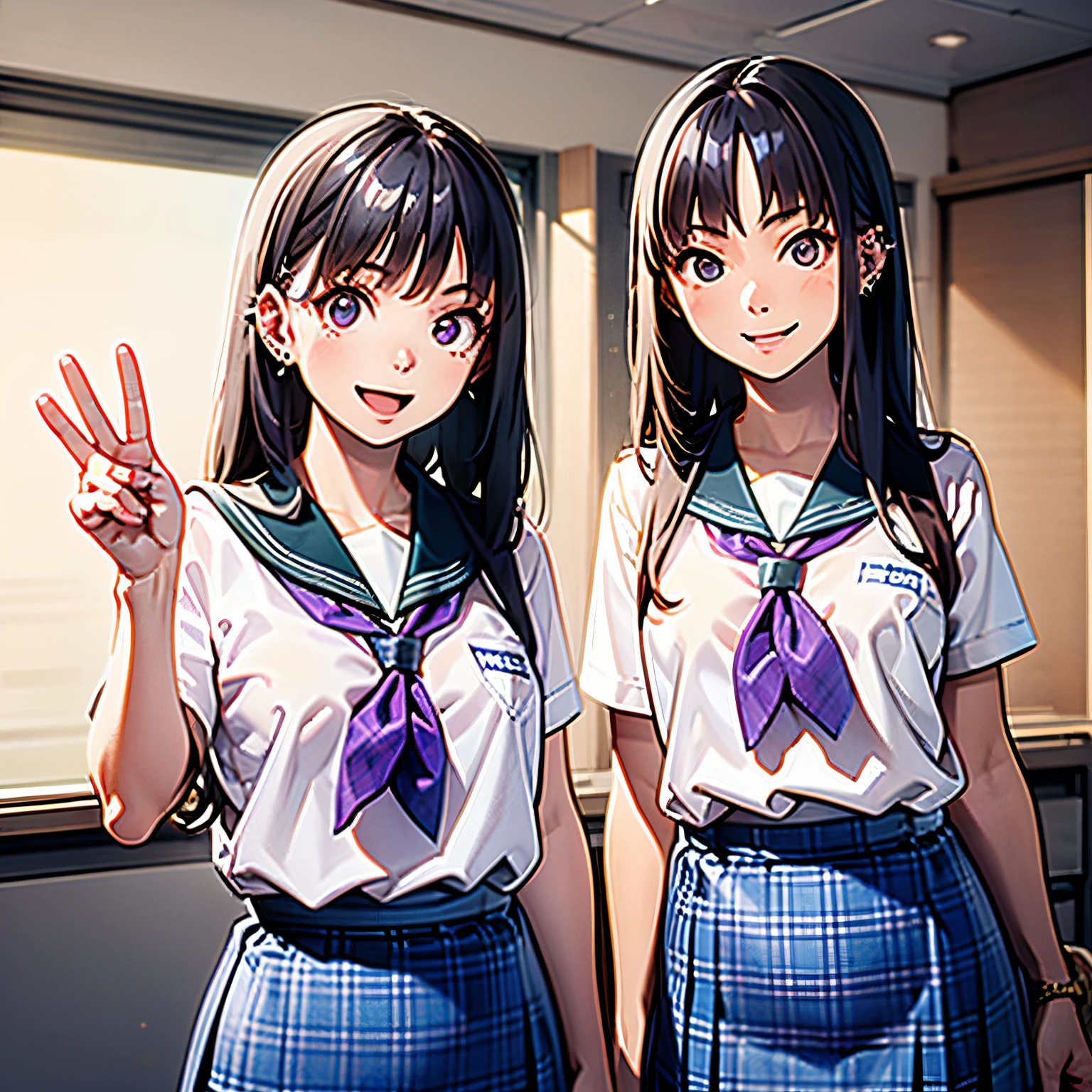 Young girl, black hair, assymetric hair, symetric bangs,japanese student outfit, dark green plaid skirt, nose and ear piercings, purple highlights in hair, bulging eyes, happy expression, in one school, japanese school, 4k, masterpiece, Anime, HD,