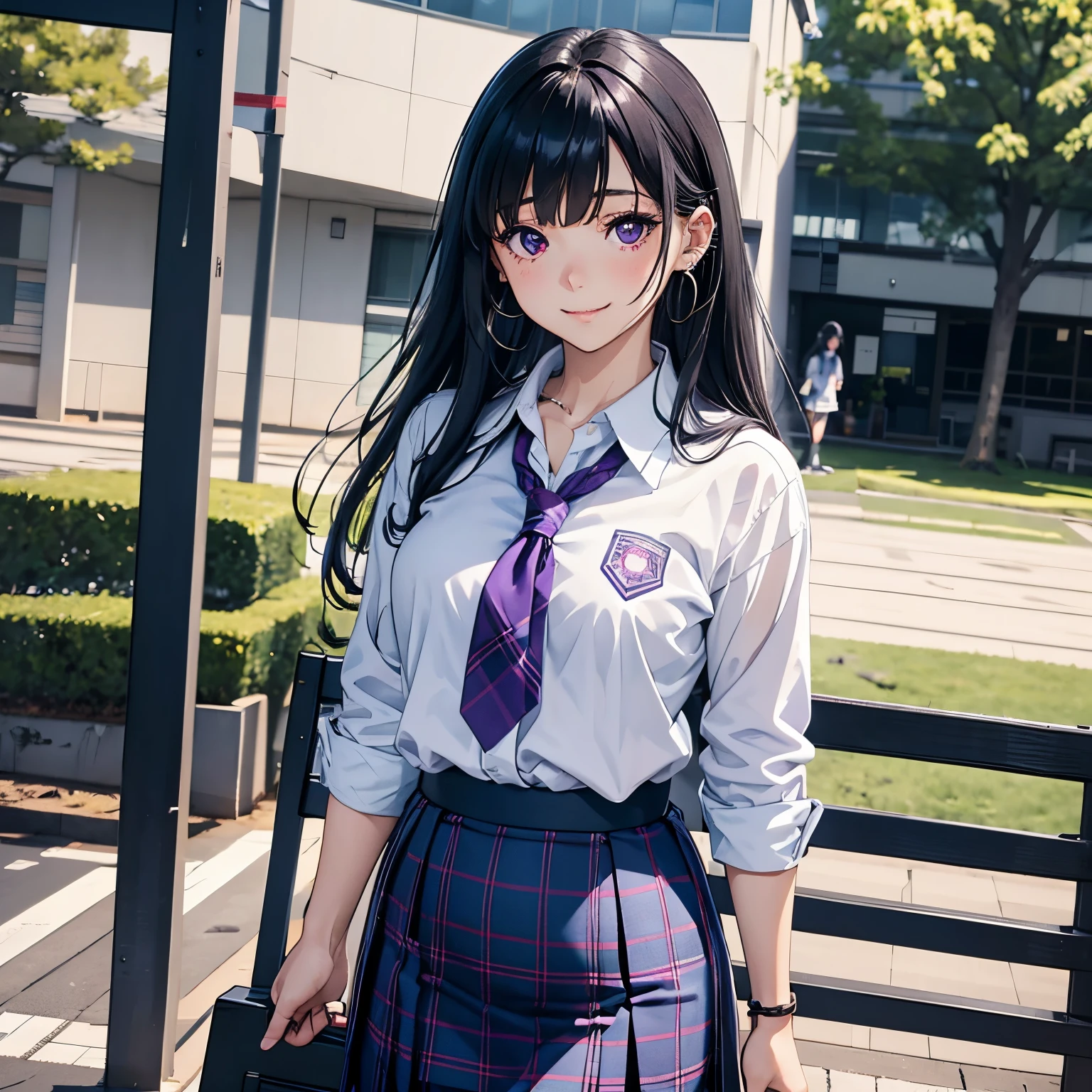 Young girl, black hair, assymetric hair, symetric bangs,japanese student outfit, dark green plaid skirt, nose and ear piercings, purple highlights in hair, bulging eyes, happy expression, in one school, japanese school, 4k, masterpiece, Anime, HD,