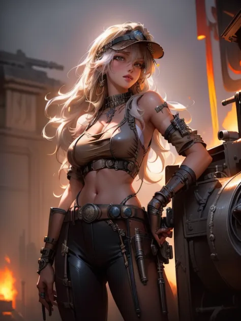 a blonde woman, with dieselpunk clothes, modelshoot style, (extremely detailed CG 8k wallpaper unit), photo of the most beautifu...