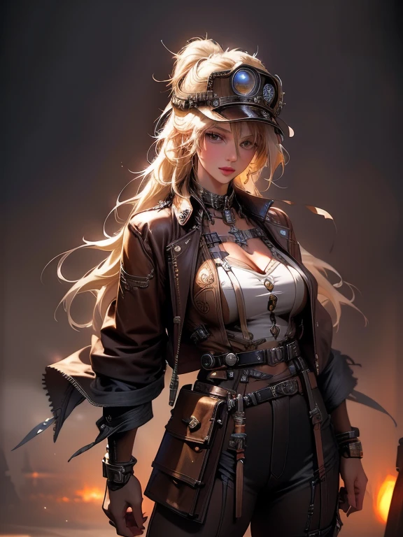 a blonde woman, with dieselpunk clothes, modelshoot style, (extremely detailed CG 8k wallpaper unit), photo of the most beautiful art in the world, majestic professional (photography by Steve McCurry), 8k uhd, dslr, soft lighting, high quality, film grain, Fujifilm XT3 sharp focus, f 5.6, high detail, sharp focus, dramatic, (wearing diselpunk clothing), (looking at the viewer:1.2),  (natural light), (seductive)