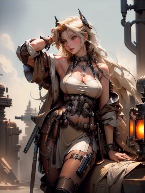 a blonde woman, with dieselpunk clothes, modelshoot style, (extremely detailed CG 8k wallpaper unit), photo of the most beautifu...