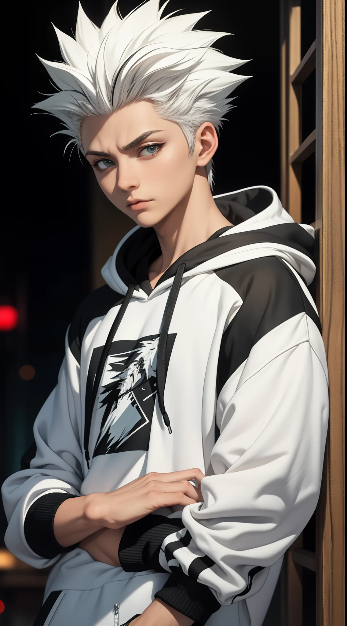 obra de arte, melhor qualidade, alta qualidade, 1 menino, Sozinho, foco masculino, Olhando para o visualizador, tronco, hitsugaya_Toushirou, vestindo moletom com capuz streetwear, iluminação dinâmica, fundo desfocado