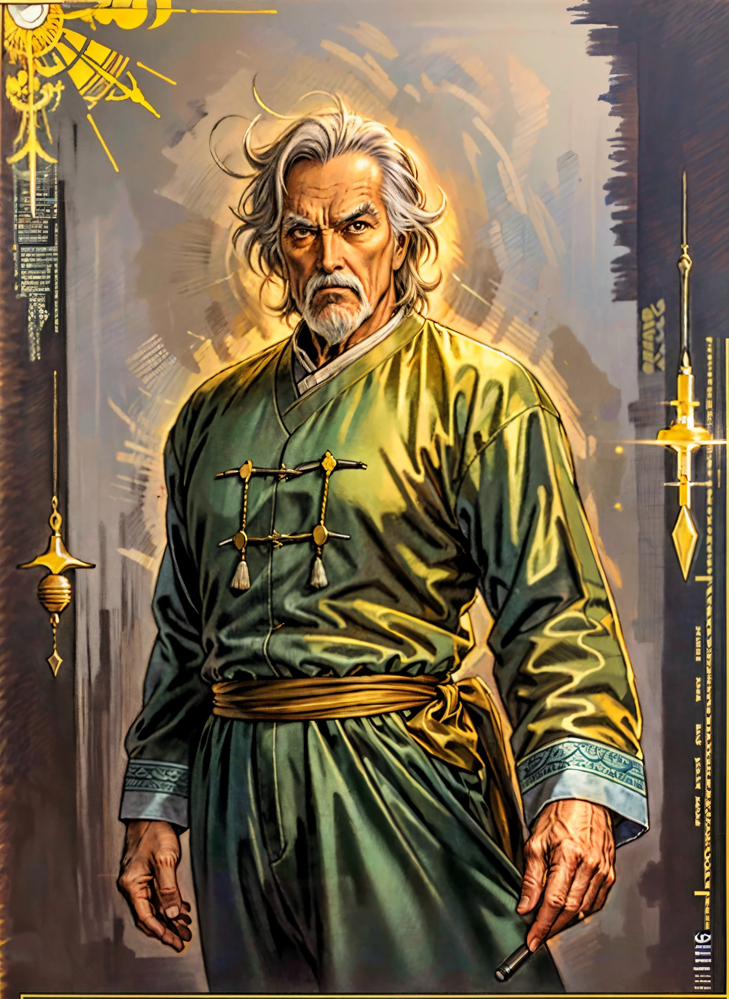 An elderly man, disheveled short hair in a brown-gray hue, approximately 60 years old, a bewildered gaze, quirky expression, wide-open mouth, a small mustache on his chin, a simple brown-yellow traditional Chinese clothing, coarse fabric trousers, the background consists of various artistic-style color blocks interwoven together, this character embodies a finely crafted whimsical fantasy-style in anime style, exquisite and mature manga art style, high definition, best quality, highres, ultra-detailed, ultra-fine painting, extremely delicate, professional, anatomically correct, symmetrical face, extremely detailed eyes and face, high quality eyes, creativity, RAW photo, UHD, 8k, Natural light, cinematic lighting, masterpiece-anatomy-perfect, masterpiece:1.5