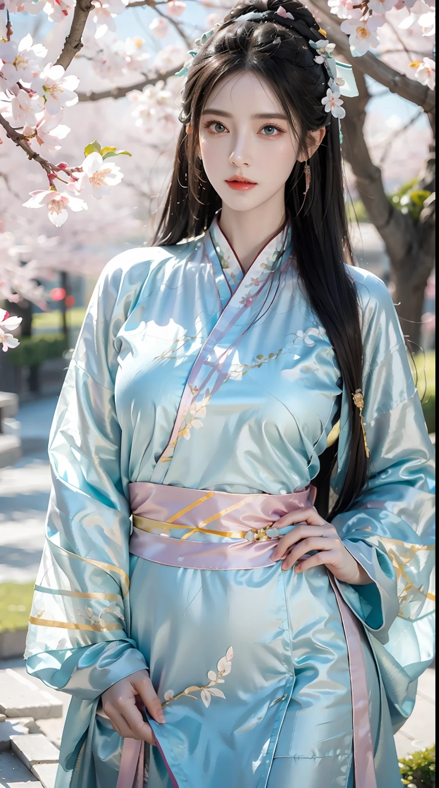 photorealistic, high resolution, 1women, shining skin, solo, jewelry, pink lips, long white hair, blue eyes, closed mouth, hips up, hanfu, cherry blossoms