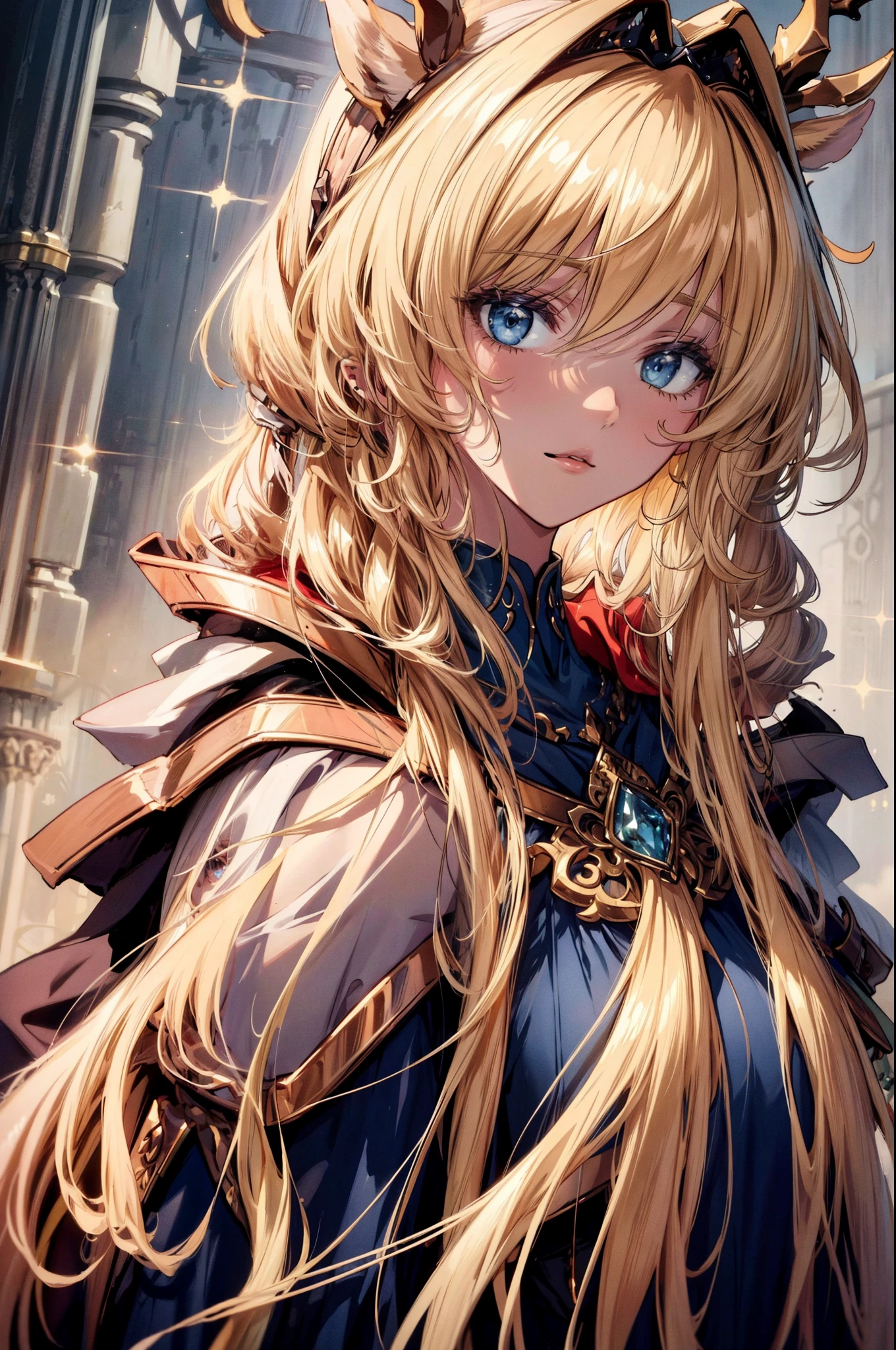 (Best quality at best, 4K, 8K, A high resolution, tmasterpiece:1.2), ultra - detailed, Noble maiden, exquisite facial features，Long blonde curly hair details expressed, beautiful postures, Fantastical Atmosphere, expressive brush strokes, mystical ambiance, Artistic interpretation,Delicate curls，Detailed floral jewelry, Crystal diamond jewelry，Small fresh aesthetics，Stunning intricate costumes, Fantasy illustration, Subtle colors and tones, The details have been upgraded