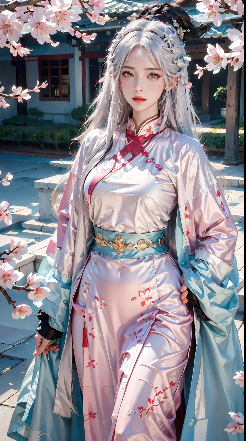 photorealistic, high resolution, 1women, shining skin, solo, jewelry, pink lips, long white hair, blue eyes, closed mouth, hips up, hanfu, cherry blossoms