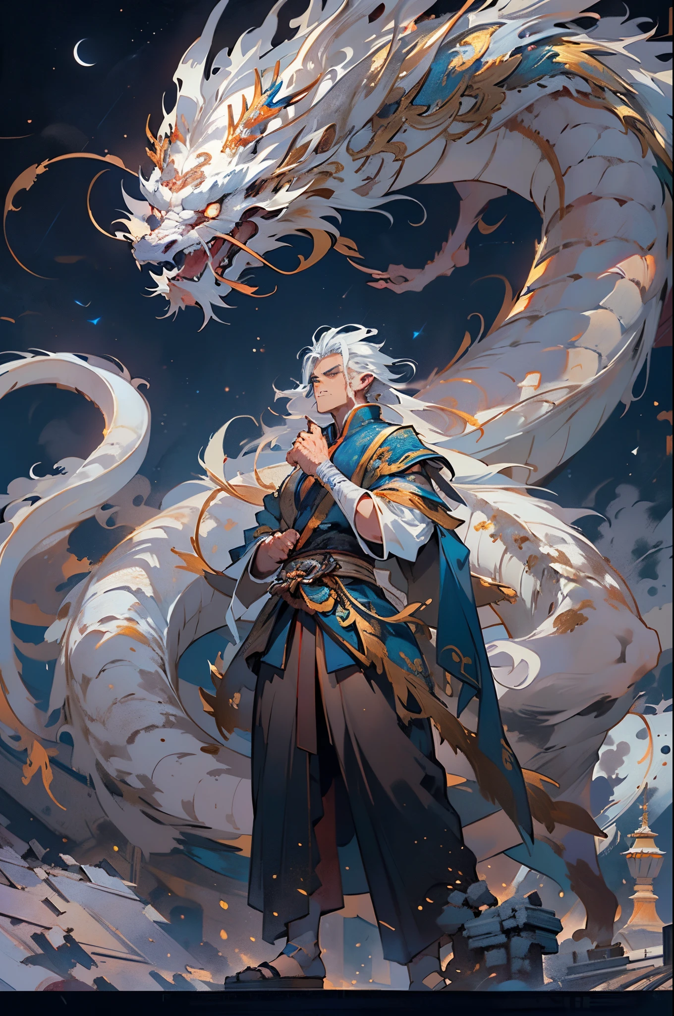 （(Multiple award-winning works, With incredible details, textures and maximum detail，(フォトリアリスティック))），Describe a man and a dragon together，（chinesedragon：1.6），（Skysky， surrounded by cloud），（Chinese mythology：1.2），fanciful、mito、high high quality、((large tall,shapely man))，((big muscular man))，（Handsome face：1.4)，（Messy White Hair），(Anatomically correct limbs and physique:1.5), (Anatomically correct perspective and occlusion：1.5)，(Gender characteristics are very obvious：1.5)，(correct faces), ((Add some scenes：Moon Night，Temple ruins，The huge full moon lights up the night sky，(( (Complicated details:1.1), the complex background))， ((dynamic viewing angle+dynamic combination))，Correct anatomy，