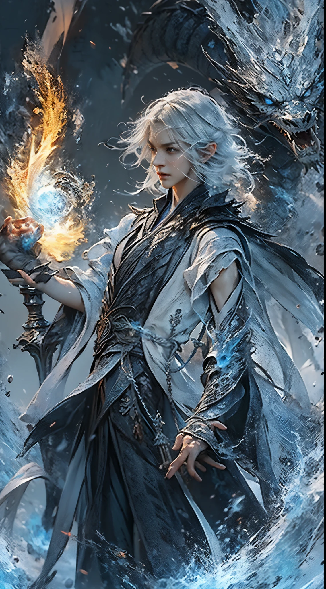 A high resolution，high detal，8K，solo，（A boy with:1.9），cool guy，HD face，Messy silvery short hair and medium white hair at the ends，A gifted dark spell master，Black and white spell master set，In one hand there is a fireball burning with blue flames，fire flame effect：1.3，The ferocious black dragon surrounded the male protagonist，The content is very detailed，Ultra-high sharpness，Thick coating，Blend the background