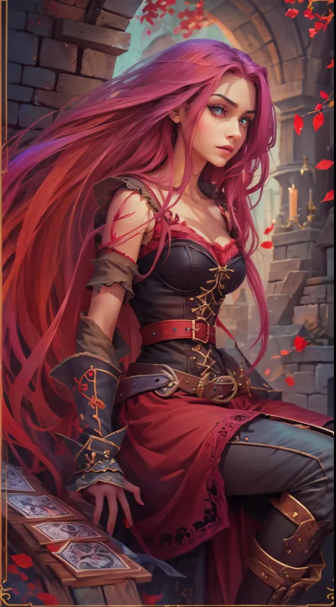 Rapunzel, canvas water color painting illustration of a World of Warcraft art style, stylized fantasy, card deck, Rapunzel as the vampire hunter, wearing red and black gothic style, nuanced colors, pearlescent glow, very little contrast, vintage muted colo...