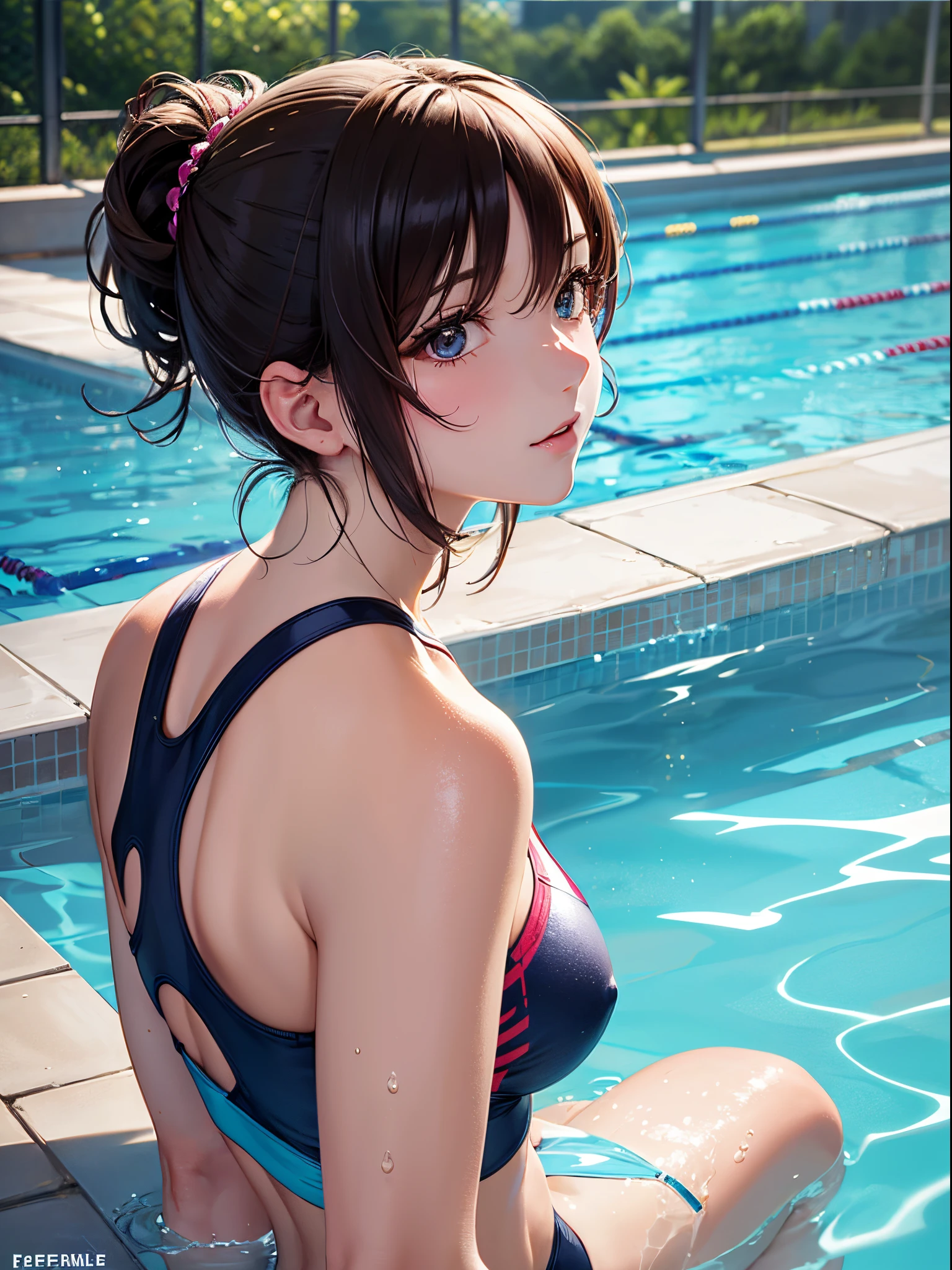 ((Finest quality)),(超A high resolution),(ultra-detailliert),(Meticulous portrayal),((Best Anime)),(Finest works of art),Ultra-Precision Art,The art of astounding depiction,Overwhelming descriptive power:1.5, ((femele:1.5)),Competitive swimsuit:1.5,beautiful proportion,put your hair up:1.5, Large swimming pool:1.7,Sparkling water surface:1.3