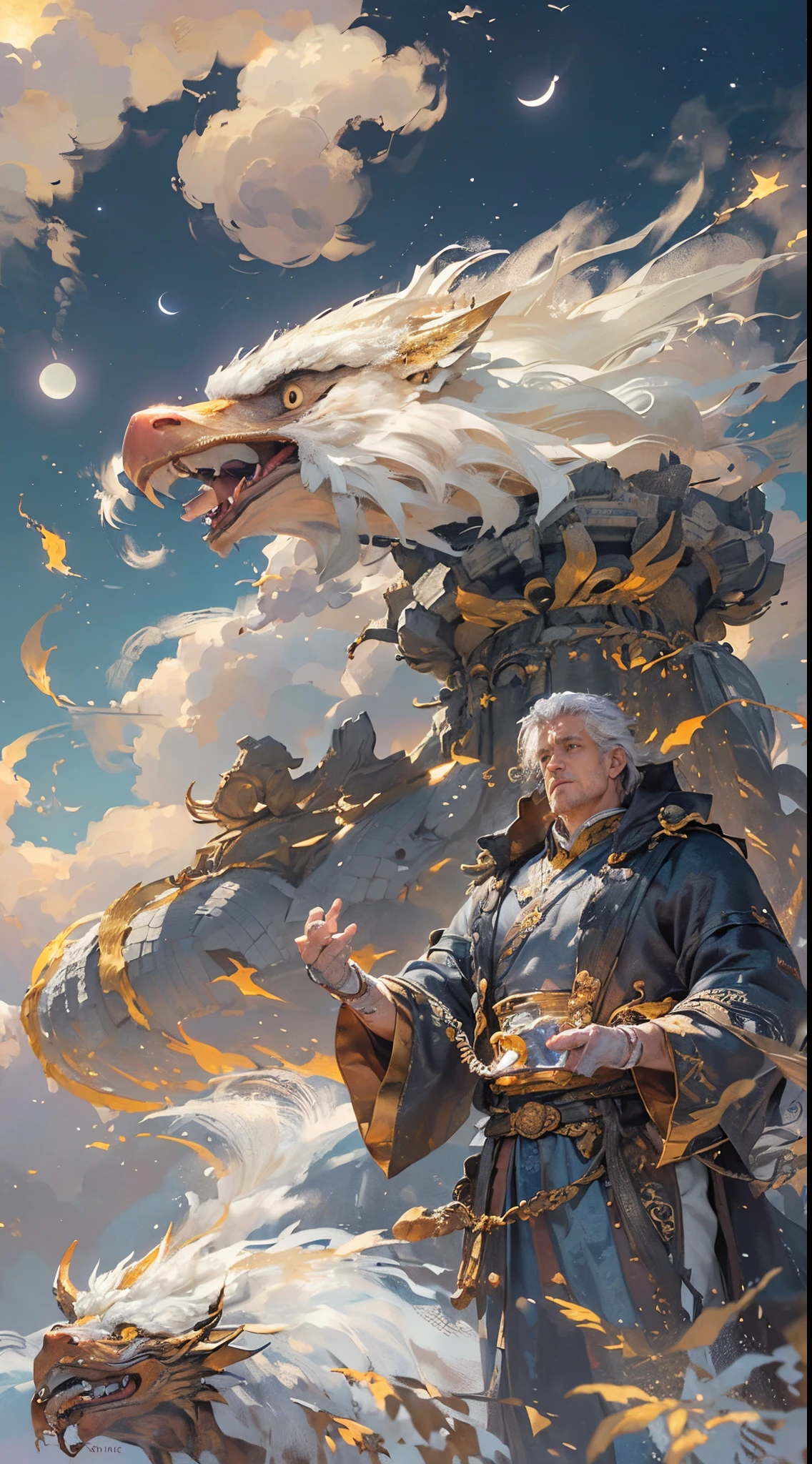 （(His works have won many awards, With incredible details, textures and maximum detail，(フォトリアリスティック))），Describing people and dragons being together，（chinesedragon：1.6），（sky sky， Surrounded by clouds），（Chinese mythology：1.2），like a dream、Mito、high high quality、((big eagle,well-proportioned man))，((Big muscle man))，（Handsome face：1.4)，（Messy White Hair），(Anatomically correct limbs and physique:1.5), (Anatomically correct perspective and occlusion：1.5)，(Gender characteristics are very obvious：1.5)，(correct faces), ((add some scenes：Moon Night，temple ruins，A huge full moon lights up the night sky，(( (Complicated details:1.1), the complex background))， ((dynamic viewing angle+dynamic combination))，Correct anatomy，