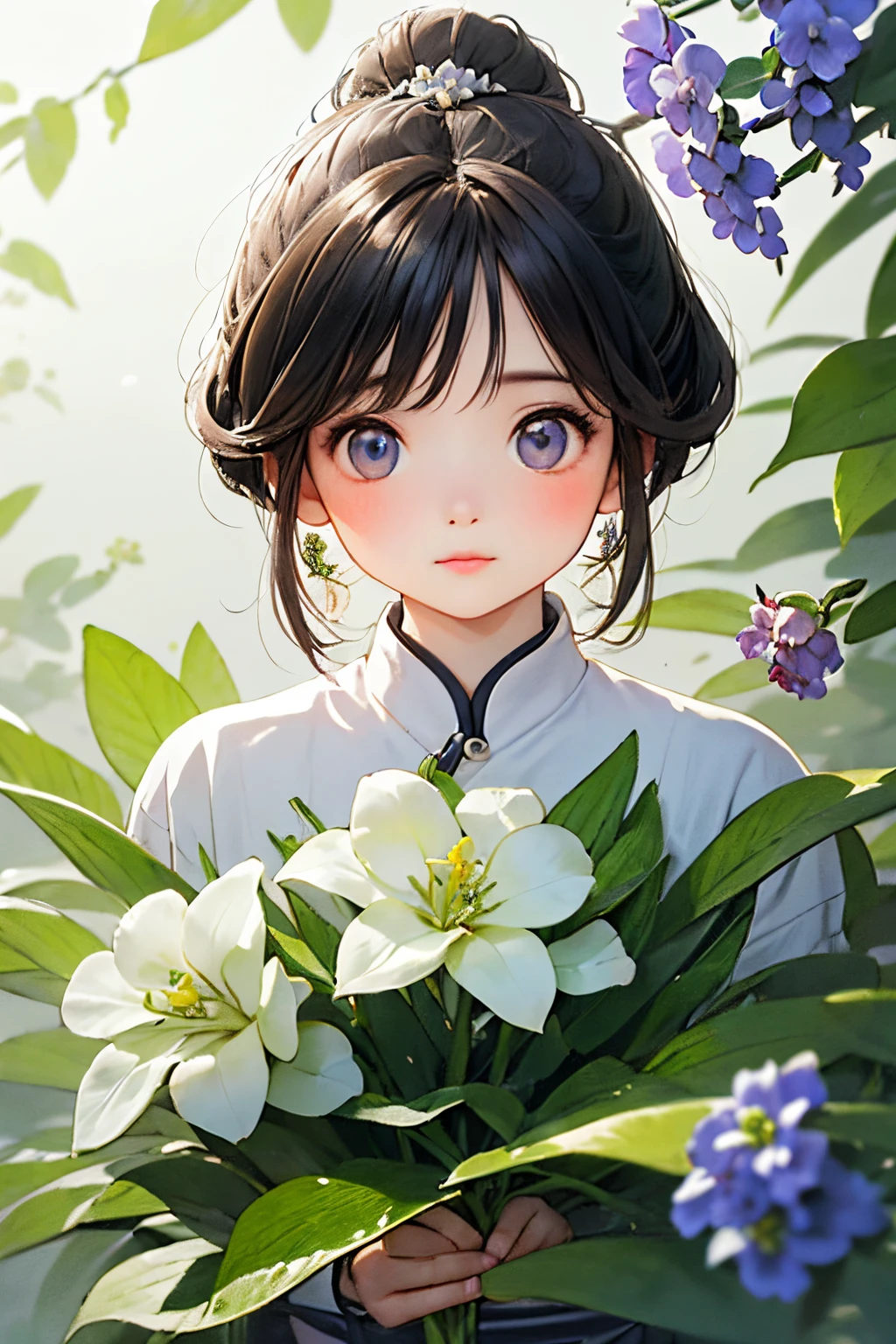 (Best quality at best,actual,Photorealistic:1.37), vibrant lights, beautiful apricot blossom, Highly detailed lips and eyes, The faint fragrance of flowers surrounds the lonely figure, plant femininity，Campanula flower