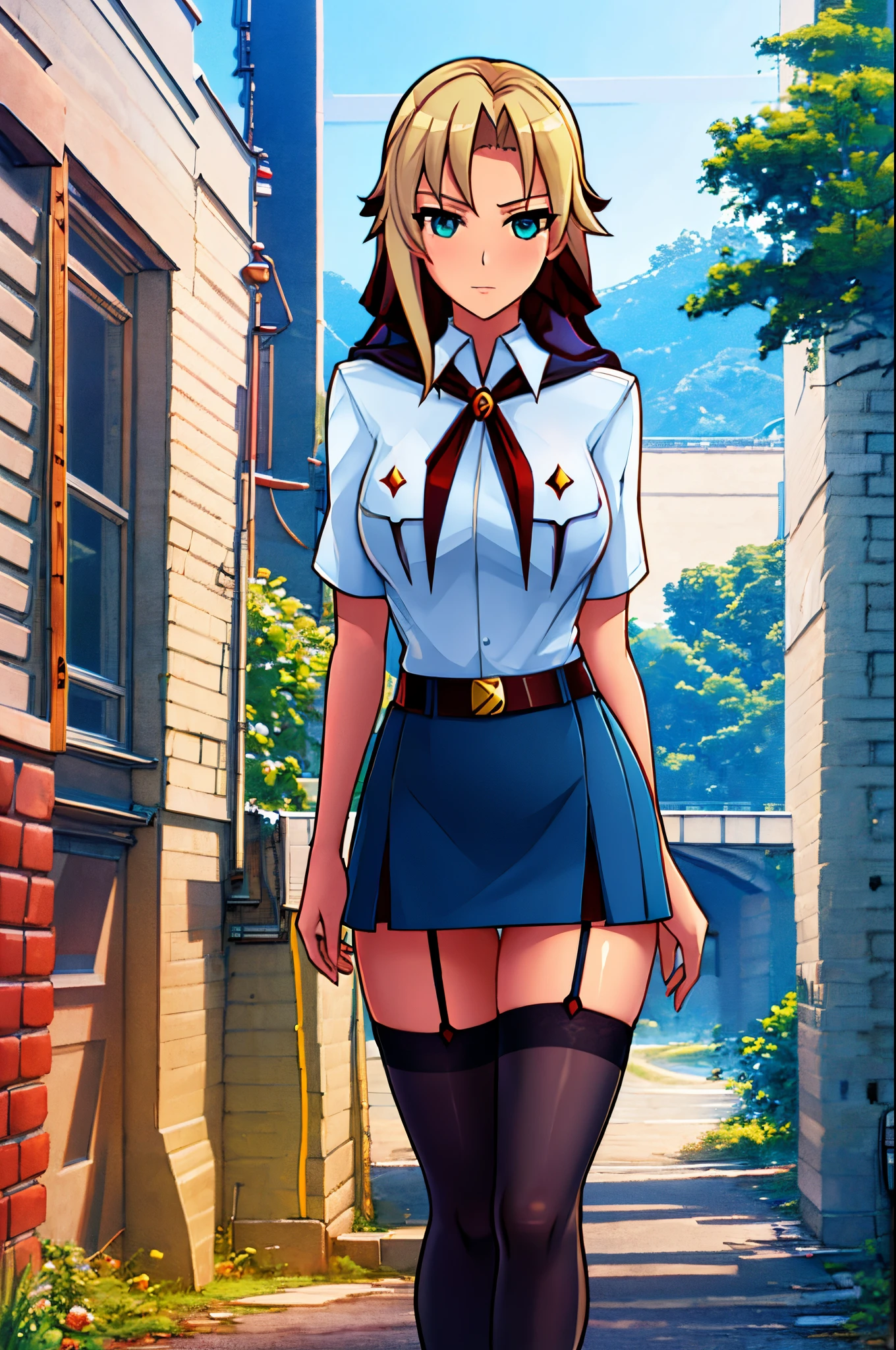 Anime girl in uniform walking down a street with a knife - SeaArt AI