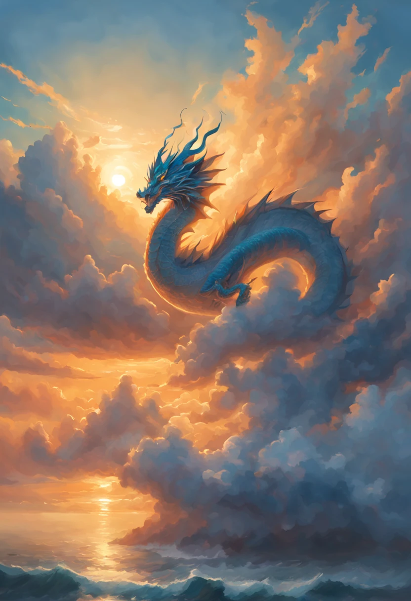 Cloud,dragon shaped cloud,illuminated by the rays of the setting sun ,The ocean in the background,foggy atmosphere,On-air lighting,Thin clouds,Smooth Lines,shades of light blue and white,calm and majestic scene,Stunning details,artistic interpretation,Pictorial style,Masterpiece:1.2