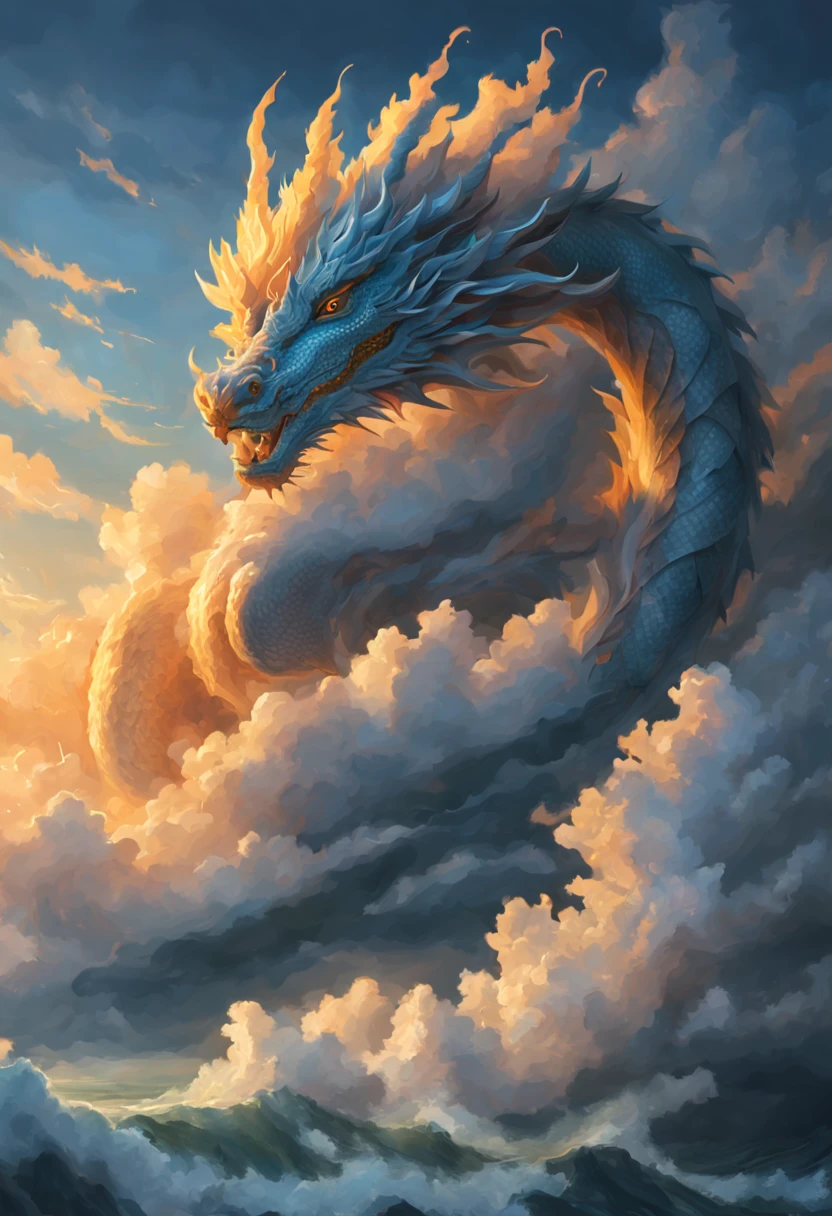 Cloud,dragon shaped cloud,illuminated by the rays of the setting sun ,The ocean in the background,foggy atmosphere,On-air lighting,Thin clouds,Smooth Lines,shades of light blue and white,calm and majestic scene,Stunning details,artistic interpretation,Pictorial style,Masterpiece:1.2