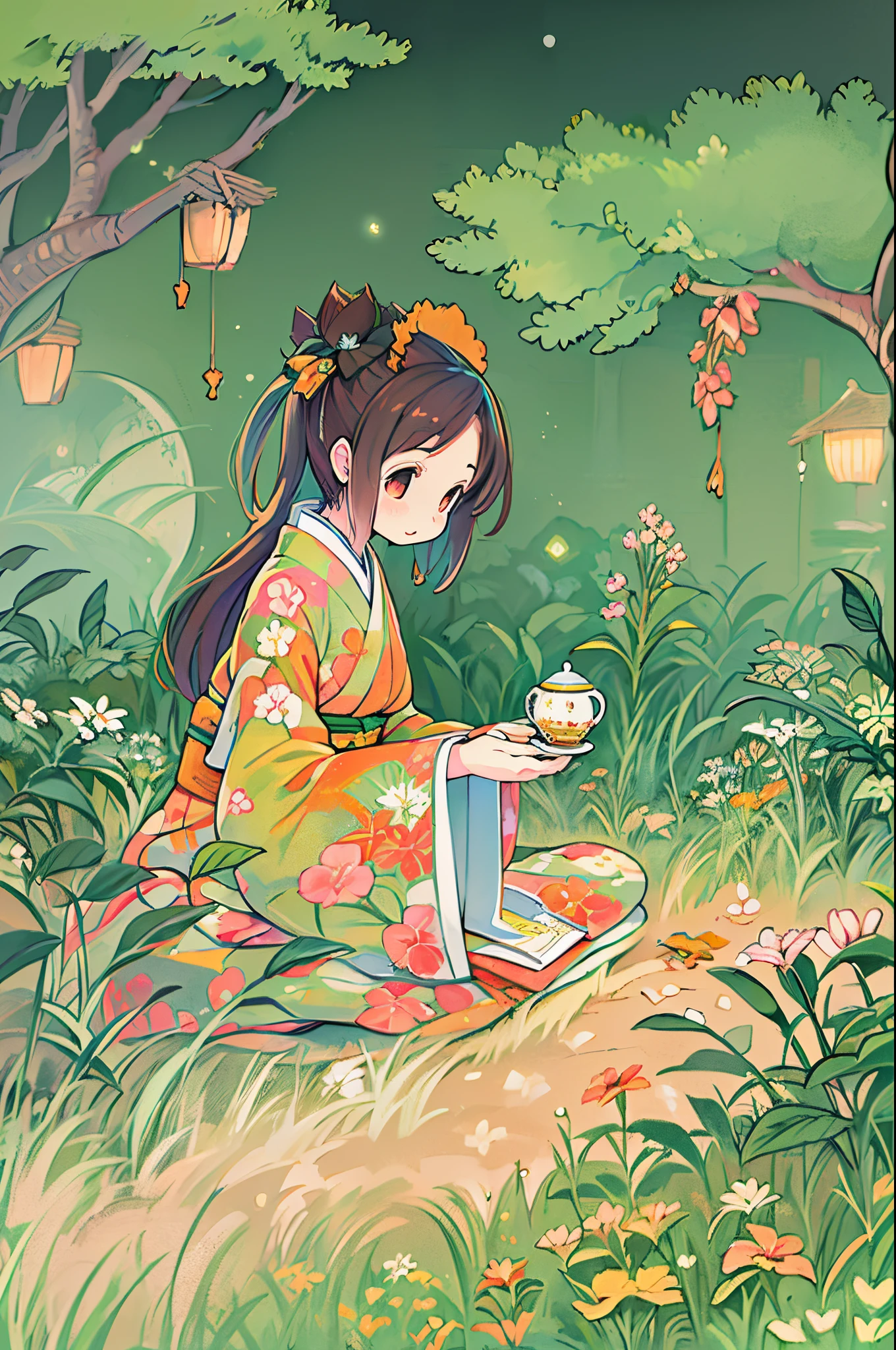 Anime girl in a kimono sitting in the grass with a tea cup - SeaArt AI