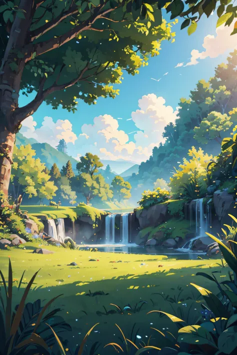 (illustrations : 1.0), Epic composition, photorealistic lighting, HD detail, ​masterpiece, Best quality at best, (Highly detailed CG integrated 8k wallpaper) , Grassland seen from within the jungle