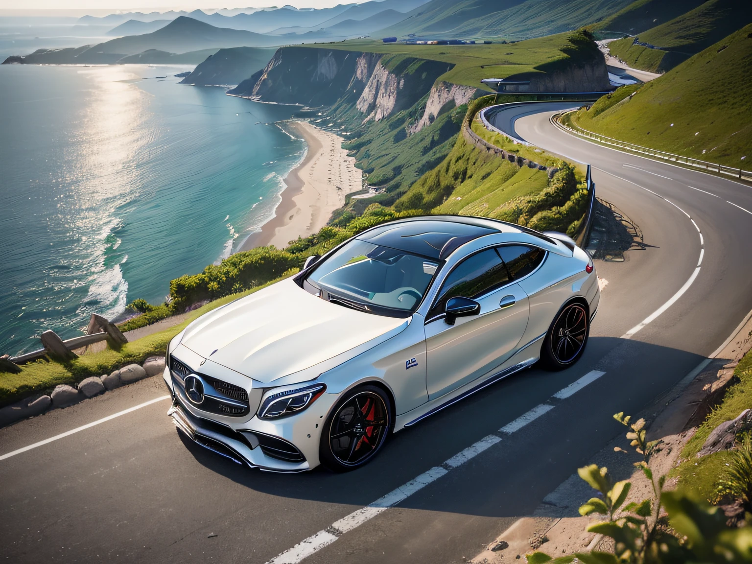 A white mercedes s - class coupe driving down a winding road near the ocean  - SeaArt AI