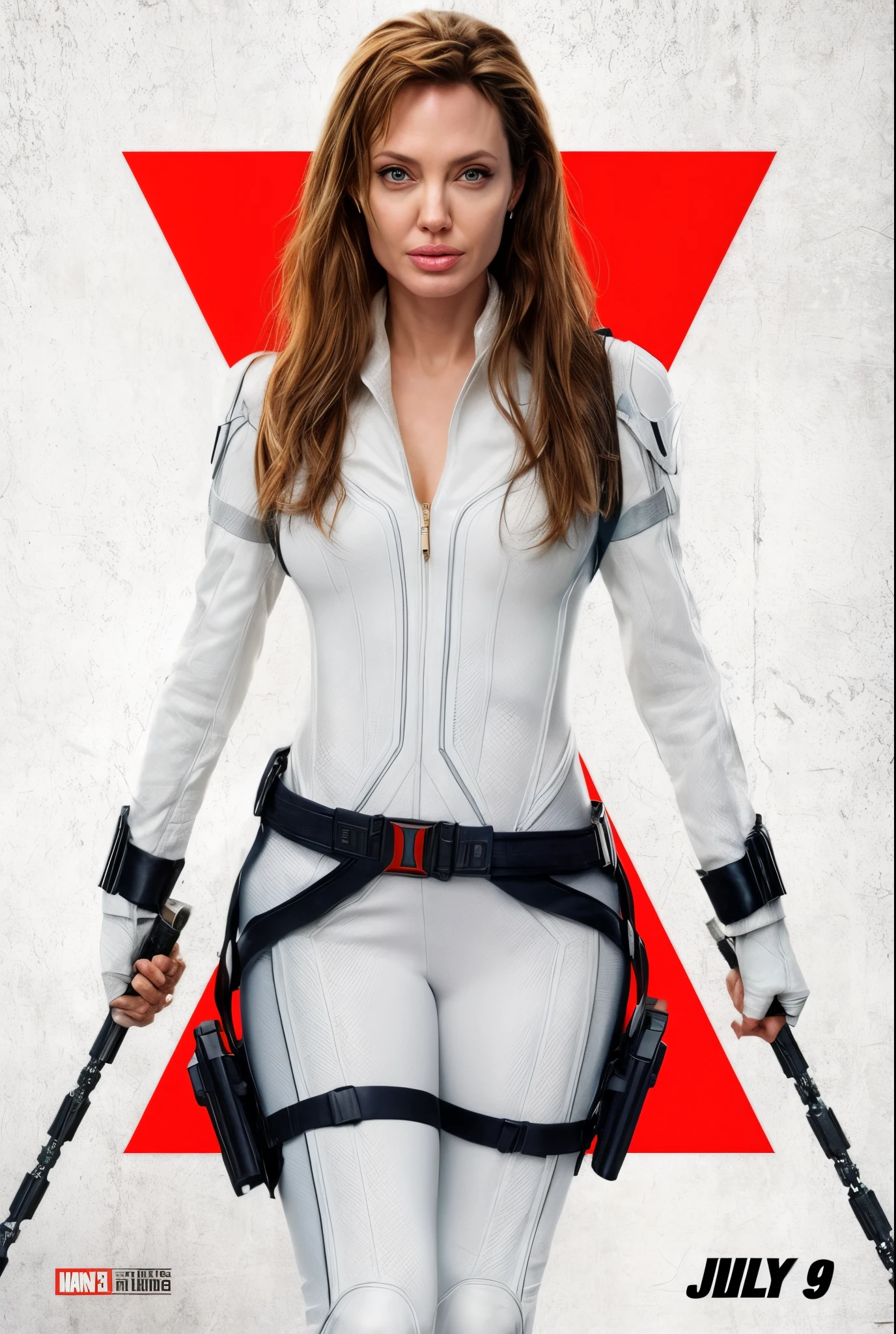 A woman in white suit holding guns and a red star - SeaArt AI