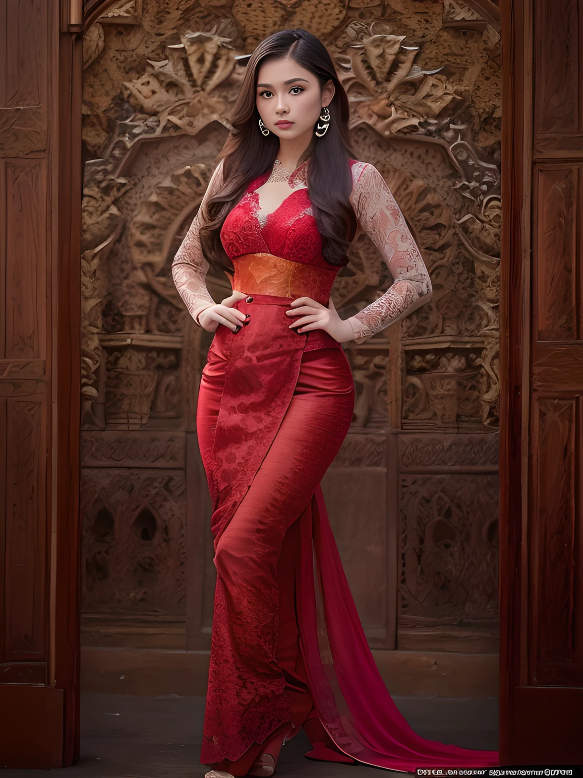 Фотореалистичная продукция, (один человек), (Реалистичное изображение 19-летней девушки-модели), большая грудь, Пышное тело (бледная кожа:1.4), (В красном обтягивающем платье Kebaya из кружева с орнаментом и шелковой тканью.:1.6), (серьезное лицо), (Глубокое декольте), (элегантная поза:1.4), центрированный, (выстрел по пояс:1.4), с переднего плана, безумные подробности, сложная деталь лица, сложные детали рук, Кинематографический кадр и освещение, Реалистичные цвета, острый фокус, Ультрадетализированный, Снято зеркальной камерой, Реалистичная фотография, Невероятно реалистичная окружающая среда и сцена, Мастер композиции и операторской работы, волосы за ухом, Волосы над глазами, длинные волосы, глубина резкости, вид от первого лица, атмосферная перспектива, шедевр, фон балийский орнамент