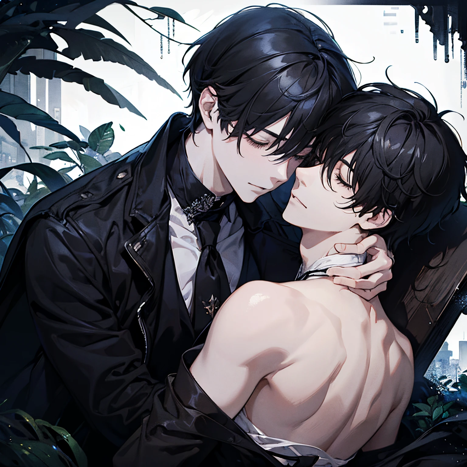 two male sleeping,full body,sadness, torn clothes,rainy,wet body,((masterpiece)), (((best quality))), ((ultra-detailed)), ((illustration)), ((Black hair)),