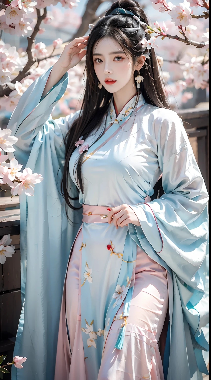 photorealistic, high resolution, 1women, shining skin, solo, jewelry, pink lips, long hair, blue eyes, closed mouth, hips up, hanfu, cherry blossoms