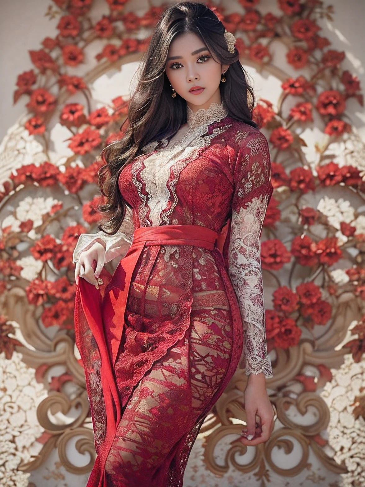 Фотореалистичная продукция, (один человек), (Реалистичное изображение 22-летней женщины-модели), большая грудь, Пышное тело (бледная кожа:1.4), нижнее белье тай-дай (В красном обтягивающем платье Kebaya из кружева с орнаментом и шелковой тканью.:1.6), (серьезное лицо), (Глубокое декольте), (элегантная поза:1.4), центрированный, (выстрел по пояс:1.4), с переднего плана, безумные подробности, сложная деталь лица, сложные детали рук, Кинематографический кадр и освещение, Реалистичные цвета, острый фокус, Ультрадетализированный, Снято зеркальной камерой, Реалистичная фотография, Невероятно реалистичная окружающая среда и сцена, Мастер композиции и операторской работы, волосы за ухом, Волосы над глазами, длинные волосы, глубина резкости, вид от первого лица, атмосферная перспектива, шедевр, Балийский храм