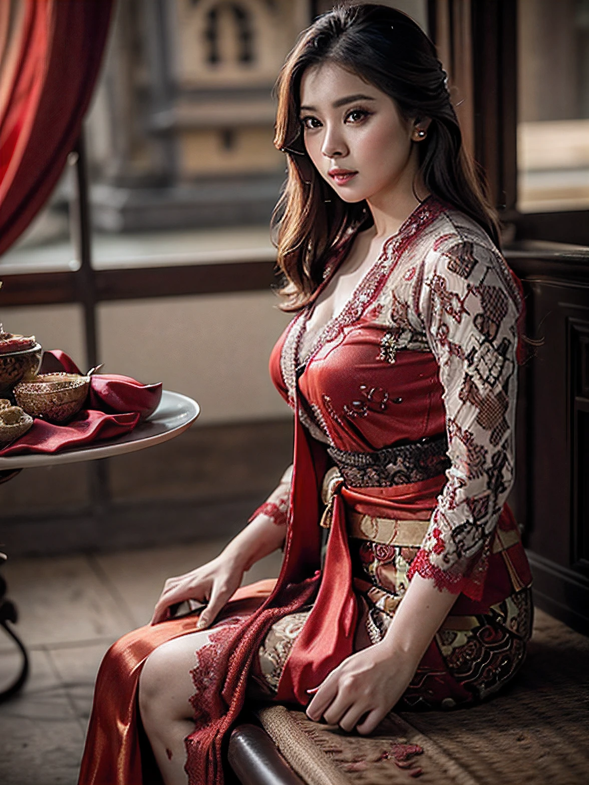 Photorealistic Production, (One Person), (Realistic Image of a 22 Years Old Female Model), big breast, Curvy Body (Pale Skin:1.4), batik lingerie (Wearing a red Ornated lace tight Kebaya Dress with Silk Cloth:1.6), (Serious Face), (Deep Cleavage), (Elegant Pose:1.4), Centered, (Waist-up Shot:1.4), From Front Shot, Insane Details, Intricate Face Detail, Intricate Hand Details, Cinematic Shot and Lighting, Realistic Colors, Sharp Focus, Ultra Detailed, Taken with DSLR camera, Realistic Photography, Incredibly Realistic Environment and Scene, Master Composition and Cinematography, hair behind ear, hair over eyes, long hair, Depth of Field, first-person view, atmospheric perspective, Masterpiece, balinese temple