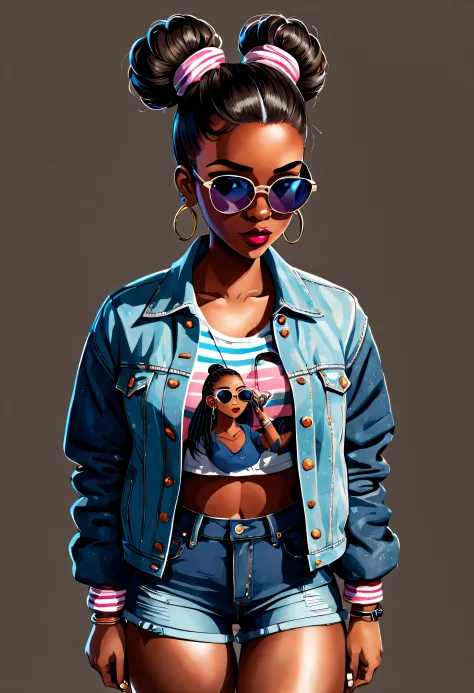 wave art style,  1girl,  black hair,  bracelet,  clothes writing,  dark skin,  dark-skinned female,  denim,  denim jacket,  deni...